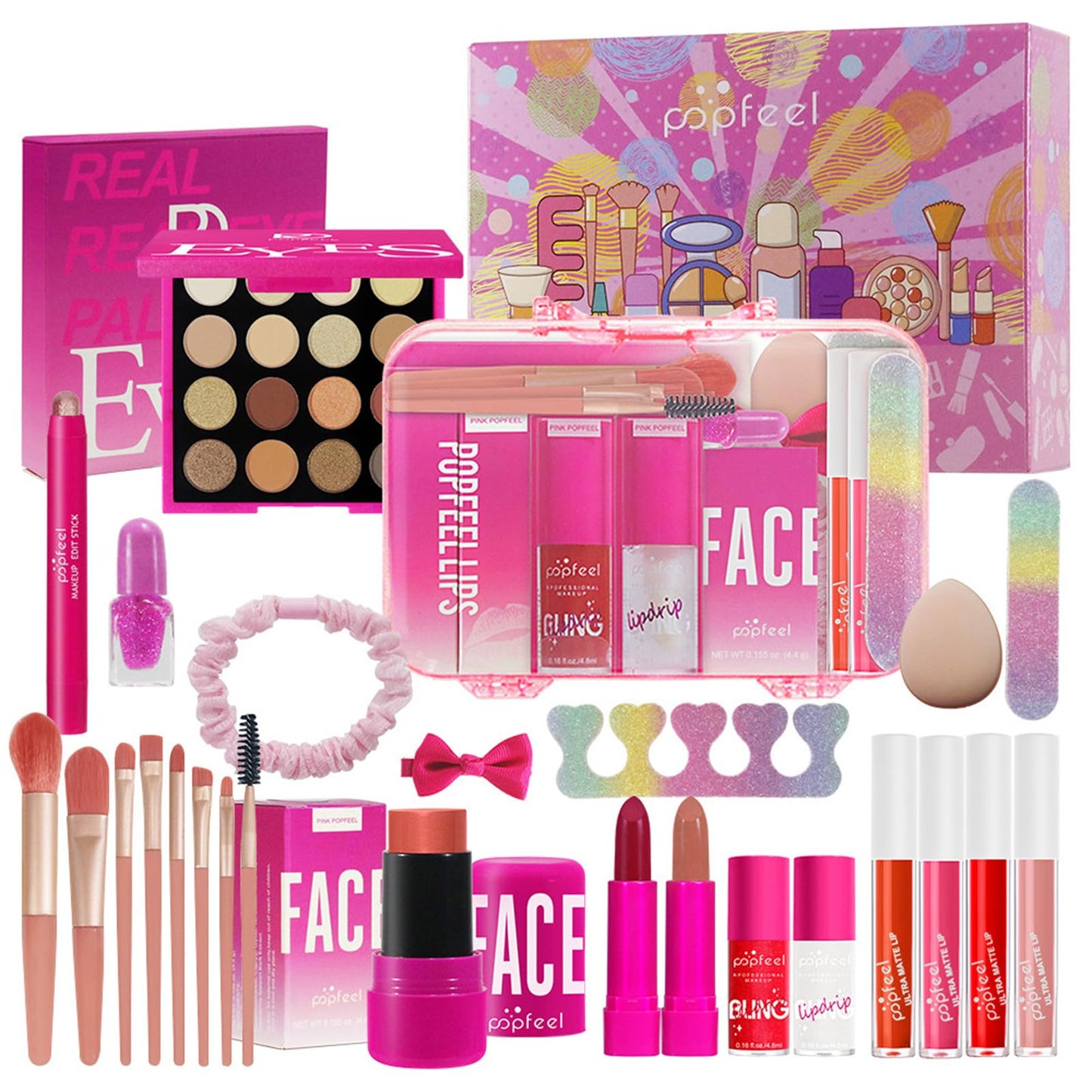 Hot Pink All in One Makeup Kit for Women Full Kit, Mother's Day Makeup Gifts Set for Women Girls, Hot Pink Makeup Essential Bundle Include Eyeshadow Palette Lipstick Blush Foundation Concealer