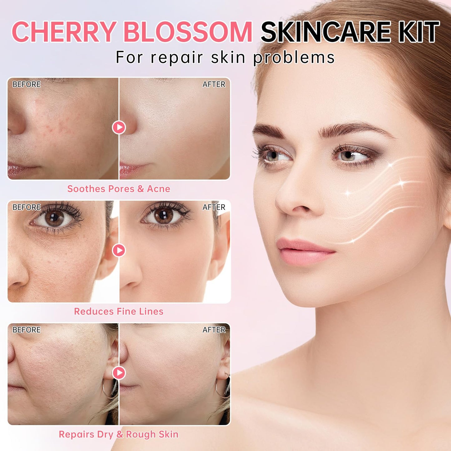 Sakura Skin Care Set, Cherry Blossom Skincare Set for Teen Girls, Hydrate & Repair Skin, 6 Pcs Individually Packaged Collagen Skin Care Kits with Cleanser, Toner, Lotion, Serum, Cream & Eye Cream