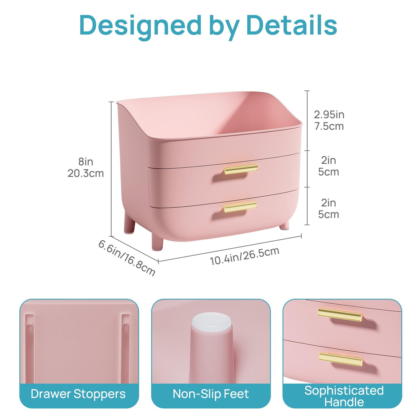 Vtopmart 3-Tier Skincare Makeup Organizer with Drawers for Vanity and Bathroom Countertop, Large Cosmetic Storage Box Case for Dresser, with Non-Slip Base, Pink