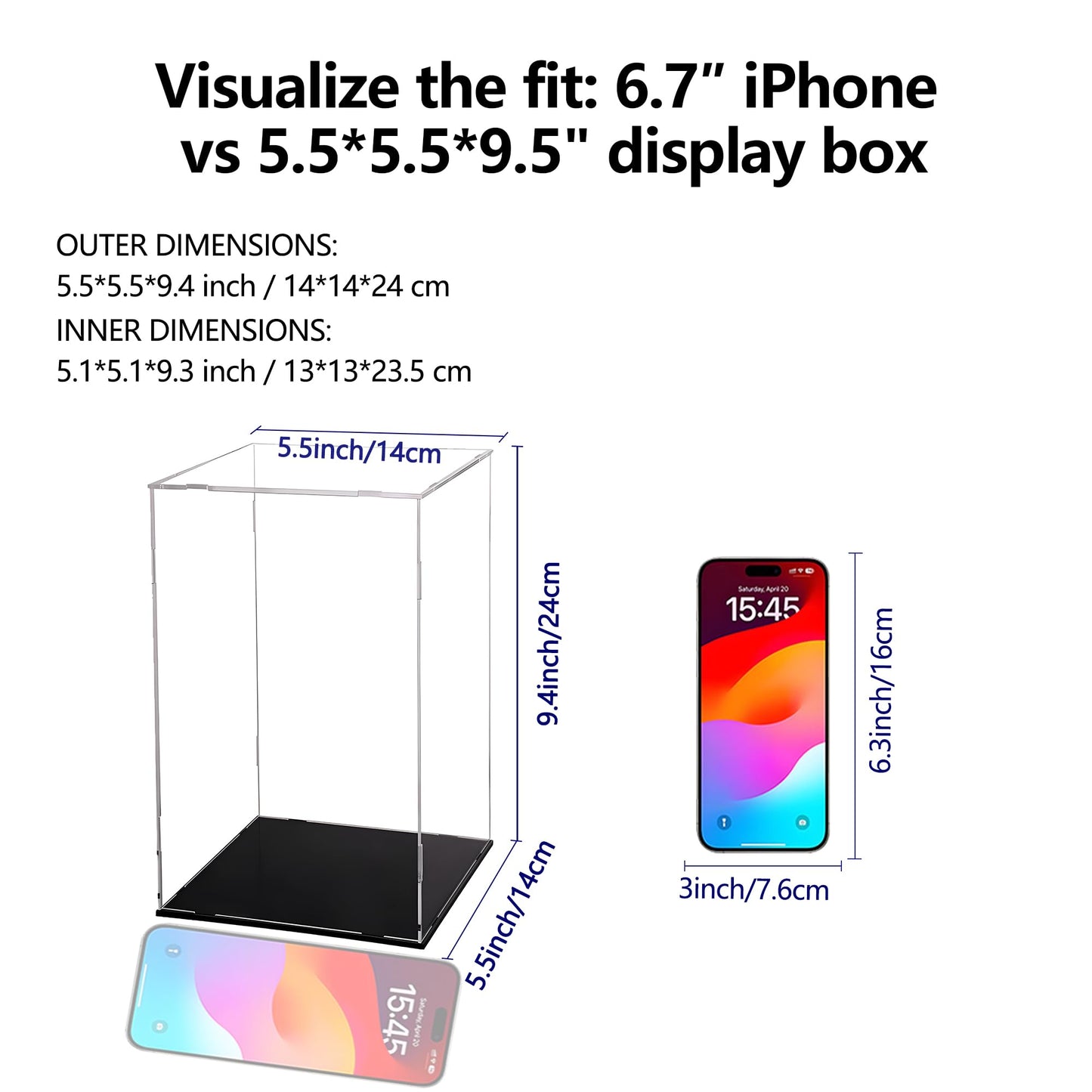 Evron Display Case for Collectibles Assemble Clear Acrylic Box Alternative Glass Case for Display Action Figures Home Storage & Organizing Toys (5.5x5.5x9.5 inch; 14x14x24 cm)