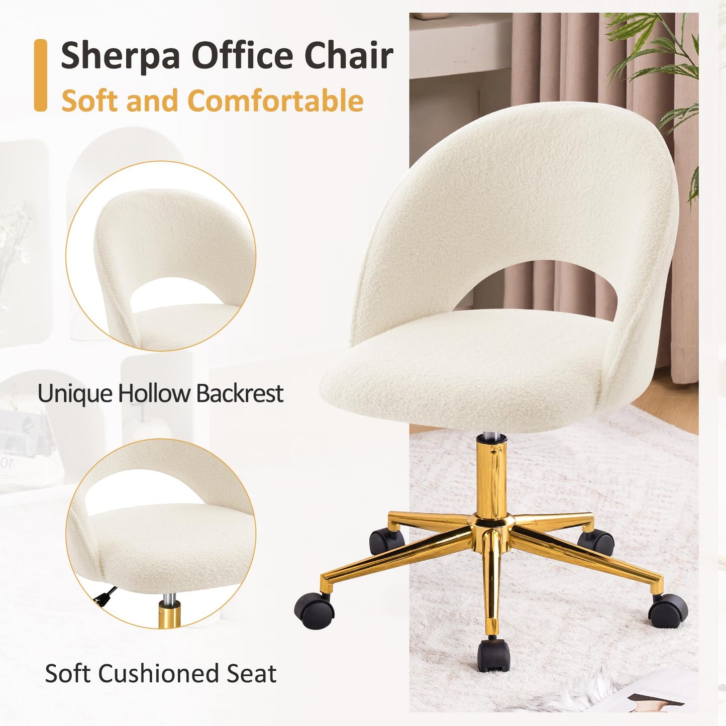 Vanity Chair with Back, Cute Office Desk Chair with Wheels for Girls, Upholstered Armless Accent Chair with Gold Metal Height Adjustable Soft Sherpa Fabric for Living Room/Makeup Room/Bedroom,White