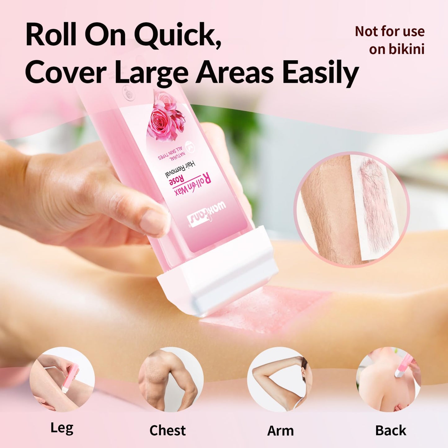 Waxfans Roll On Wax Refill,Waxing Roller Refill for Hair Removal,100% Natural,Quick Melting - For Coarse and Fine Hairs.with 3.53 Ounce(Pack of 4) Honey Wax Rollers, 50 Strips (Pink)