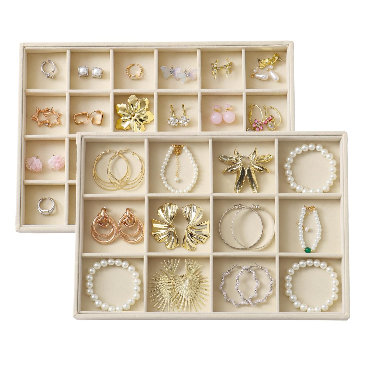 KATISYIO Large Velvet Jewelry Tray 2 Pack Stackable Jewelry Display Drawer Inserts Trays Organizer for Earring Bracelet Necklace Ring (Beige, 12 Grids+24 Grids)