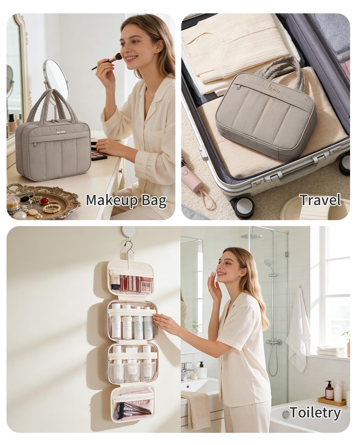 Narwey Hanging Travel Toiletry Bag for Women, Quilted Makeup Bag Organizer with Handle, Travel Bathroom Bag, Portable Toiletries Bag for Essentials, Accessories, Brushes, Cosmetics (Khaki)