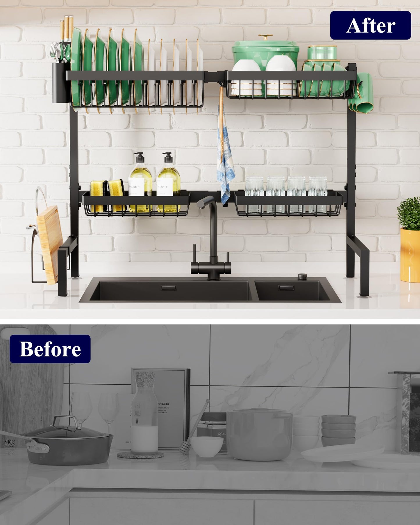 Kitsure Over The Sink Dish Drying Rack - 26.8" to 33.9"x21.5", Adjustable Sink Drying Rack for Kitchen Sink with Large Capacity, 2-Tier Dish Rack Over Sink with Multifunctional Baskets, Black