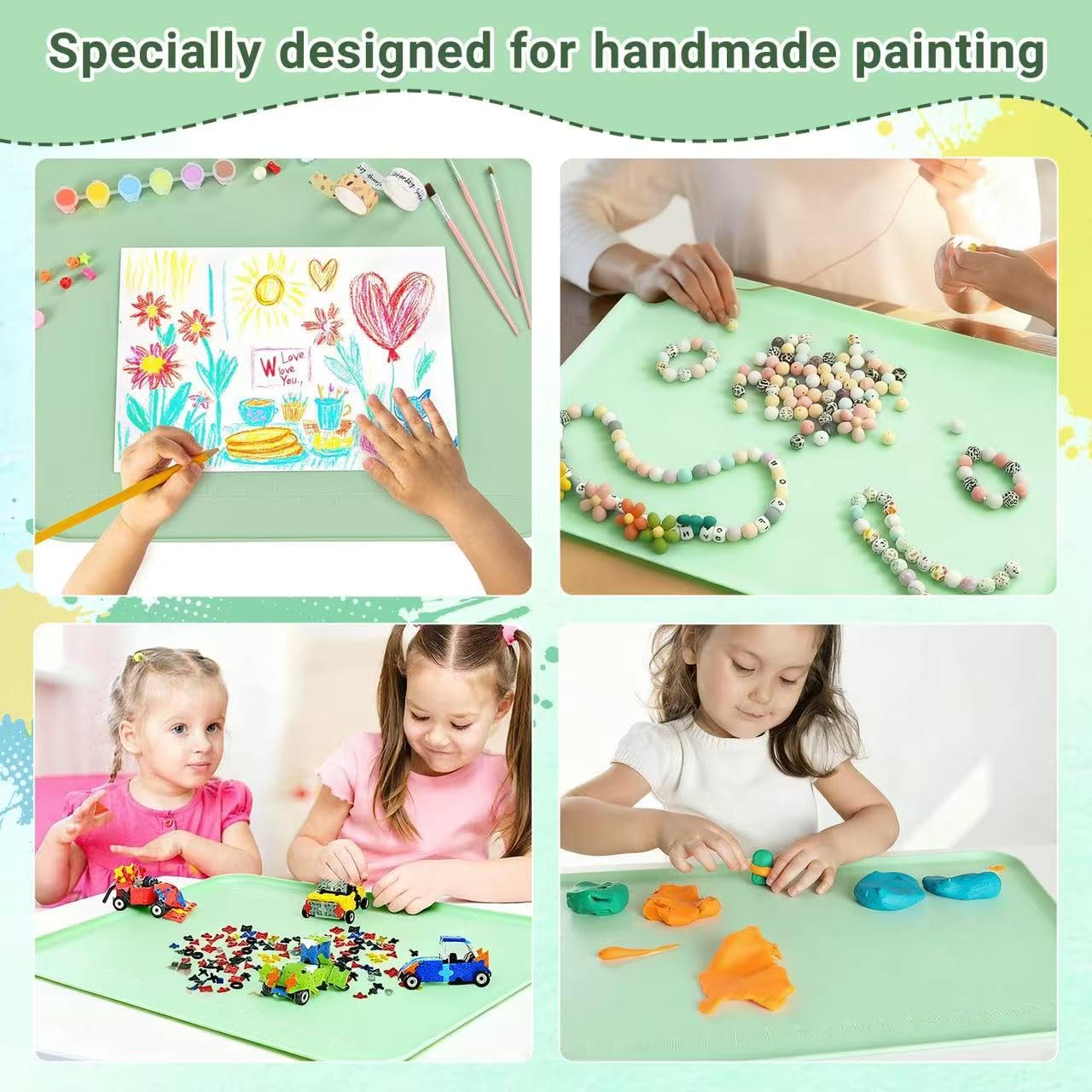 Premium Silicone Art Mat for Crafts, 24" x 16" Non-Slip Art Mat for Painting, Clay, Resin, Slime, Jewelry-Making, and Crafts – Waterproof & Easy to Clean, Raised Edges for Mess-Free Crafting (Green)