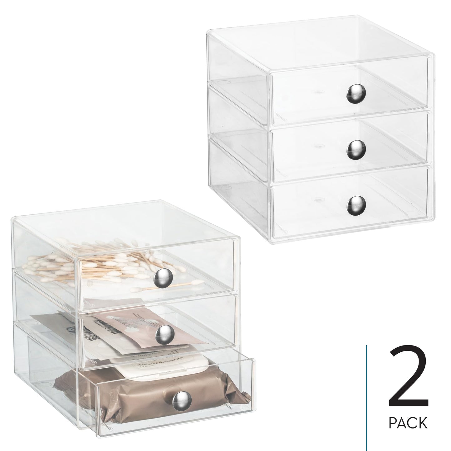 iDesign Stackable 3-Drawer Makeup Organizer for Bathroom or Vanity Storage - Set of 2 - Clear