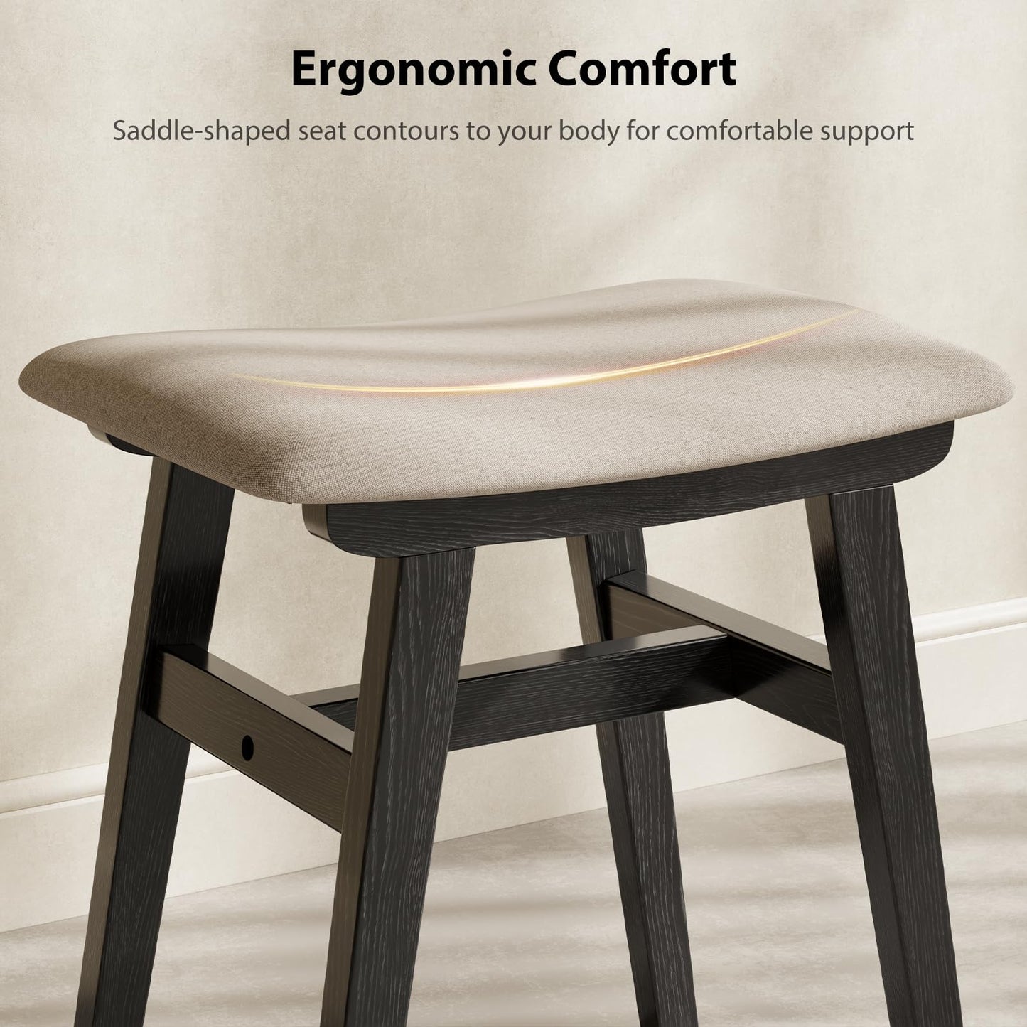 Muwuele Solid Wood Vanity Stool, Compact Makeup Chair with Saddle Cushion, Linen-Covered High Rebound Sponge Seat, Easy Assembly Footstool for Bedroom, Entryway, Home, Black