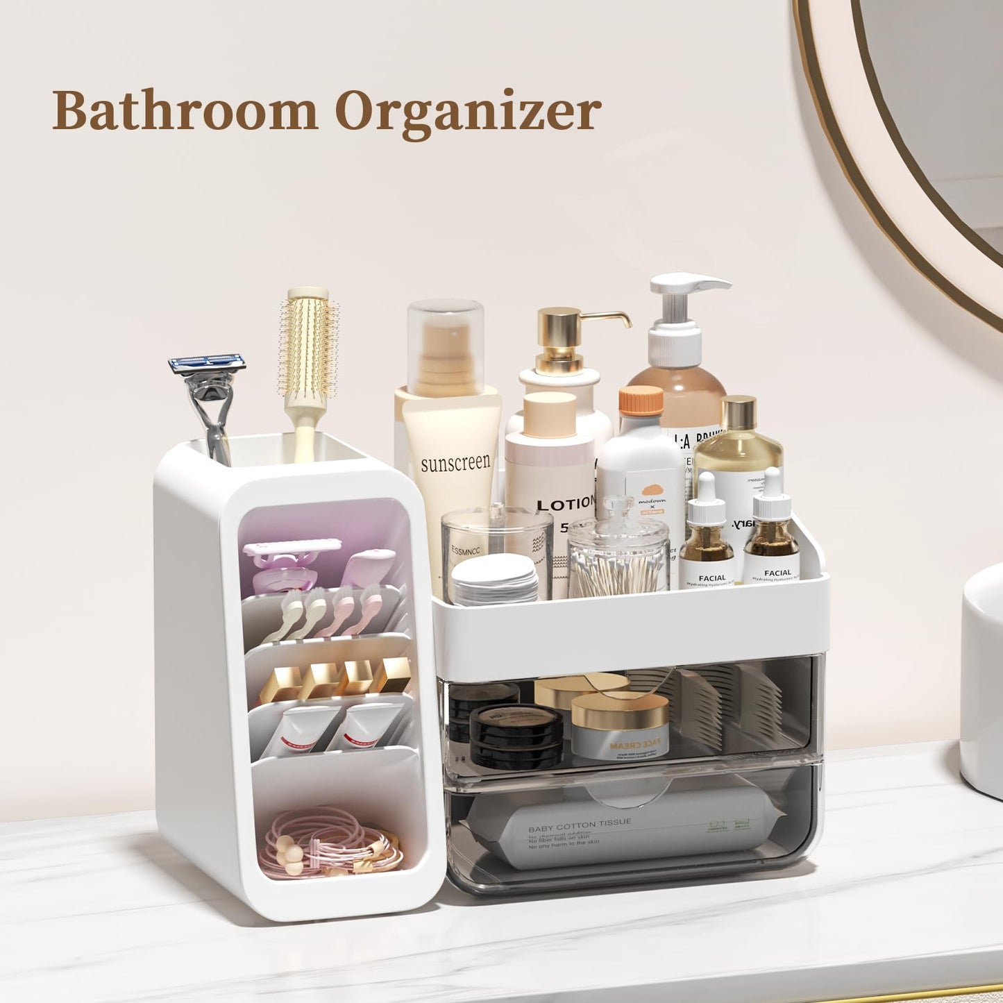 Makeup Organizer for Vanity with 5 Adjustable Dividers & 2 Clear Drawers, Large Make Up Brush & Perfume Holder, Cosmetic Display Cases Skincare Storage for Bathroom Countertop, Office Desktop, Pantry