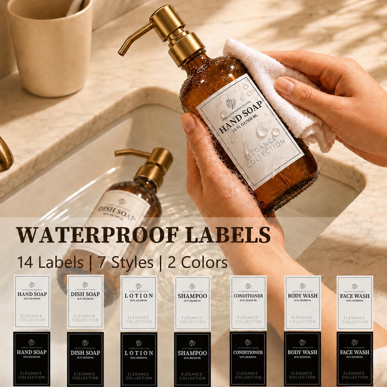 Fachixy Amber Glass Soap Dispenser (2 Pack), 16 Fl Oz Hand & Dish Soap Dispenser Bottles Set with Rust-Resistant Stainless Steel Pump, Non-Slip Pad, 14 Waterproof Labels for Kitchen and Bathroom