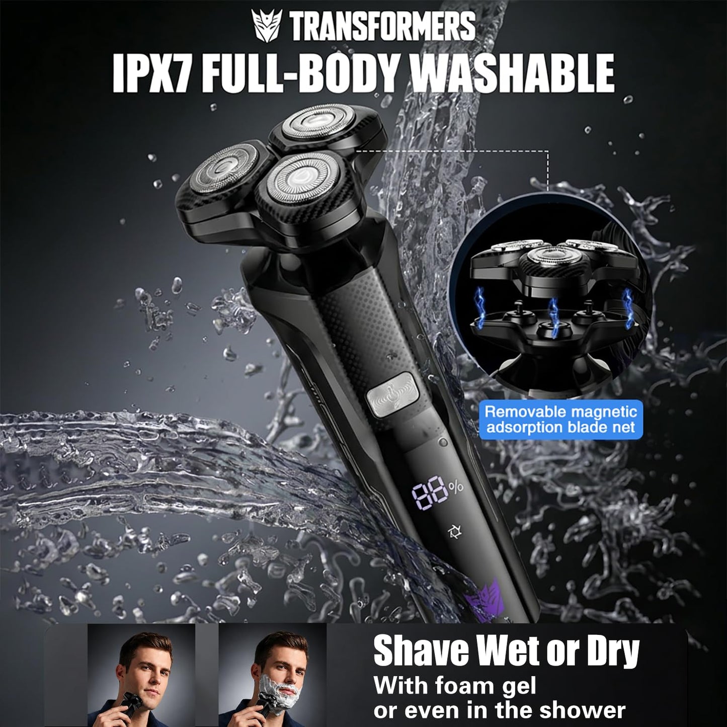TRANSFORMERS Electric Razor for Men, 3D Rotary Shaver for Sensitive Skin with Pop-up Trimmer, IPX7 Waterproof, Wet & Dry USB-C Fast Charging Shaver with LED Display & Travel Lock – Gifts for Men