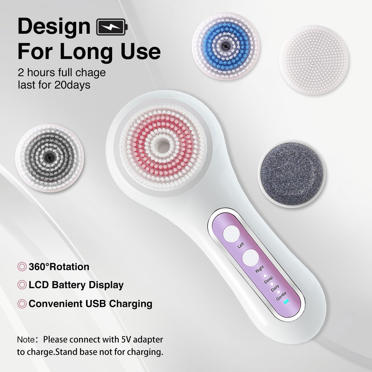 UMICKOO Electric Facial Cleansing Brush, 2-Way Rotating Face Scrubber with 3 Modes, Rechargeable, 5 Brush Heads, IPX7 Waterproof, Deep Pore Cleaning for All Skin Types