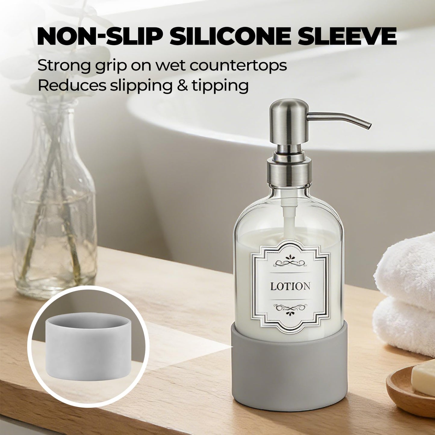 Homepicker 16 oz Hand and Dish Soap Dispenser Set for Kitchen and Bathroom, 500ml Clear Glass Soap Dispenser with Stainless Steel Pump, Non-Slip Silicone Sleeves, Labels - 2 Pack