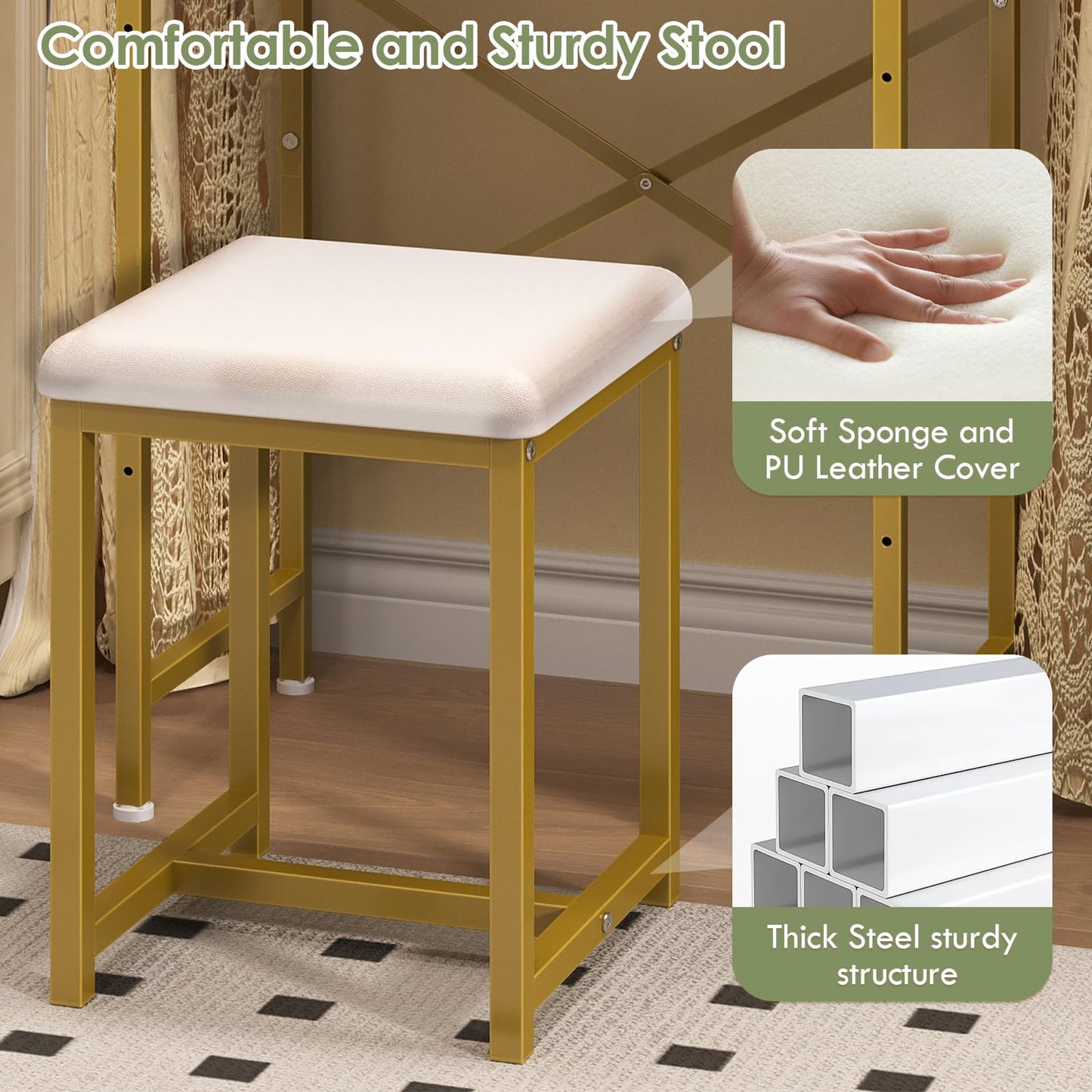 X-cosrack 19.7"W Golden Small Vanity Desk Set with Adjustable Oval Mirror & Stool for Small Space, Mini Cute Cheap Makeup Vanity Table with Opening Shelves, Drawers for Teens Kids Girls Corner Bedroom