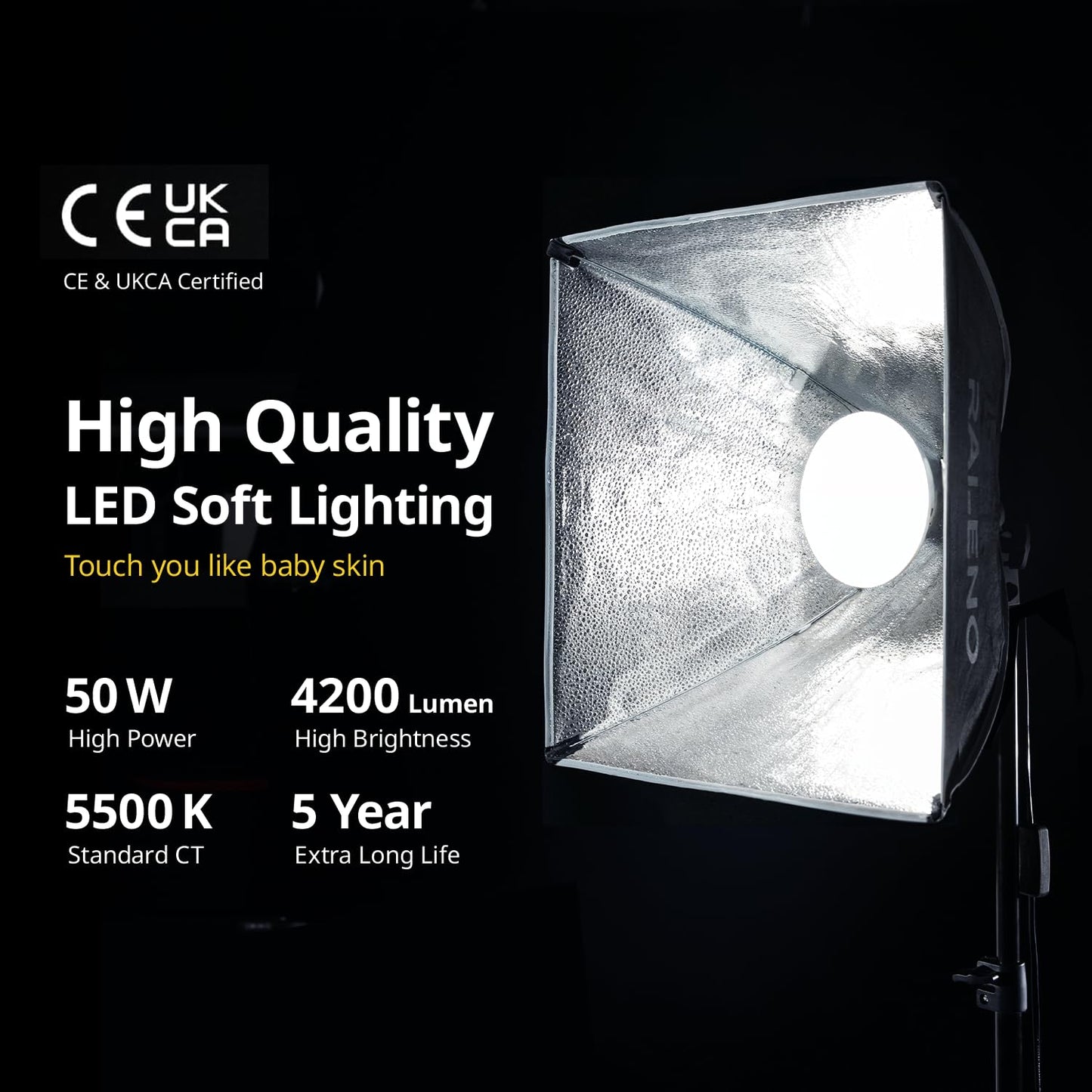 RALENO Softbox Photography Lighting Kit, 16'' x 16'' Softbox Lighting for TikTok with LED Bulb (50W | 5500K | 97 CRI | TLCI≥97), Continuous Light for Video Recording & Photography Shooting