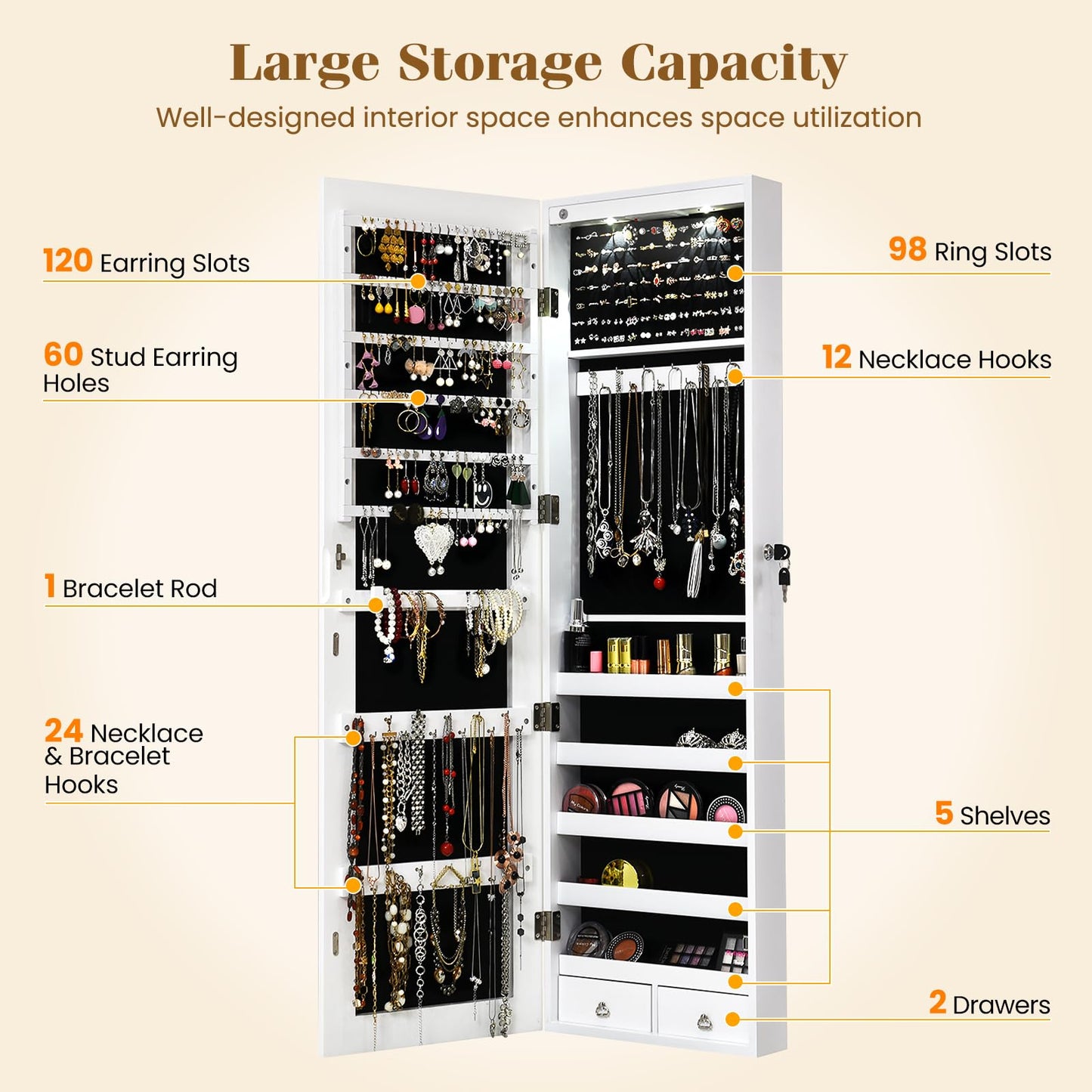 Giantex Wall Door Mounted Jewelry Armoire Cabinet with 47.5" Full Length Mirror, 2 LEDs Lockable Jewelry Organizers and Storage with 2 Drawers, Over the Door Jewelry Organizer Cabinet (White)