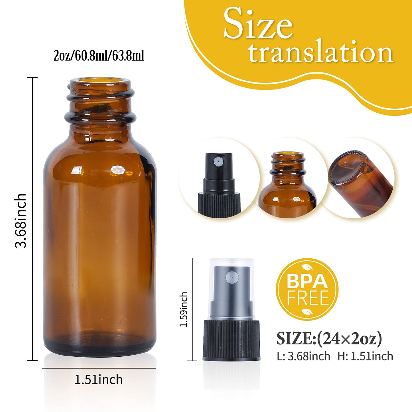 YONKAN 2oz Glass Spray Bottle, Fine Mist Boston Glass Bottles with Black Fine Mist Sprayer Small Clear Bottles for Essential Oils, Bath, Beauty, Hair & Cleaning, Amber, Pack of 48