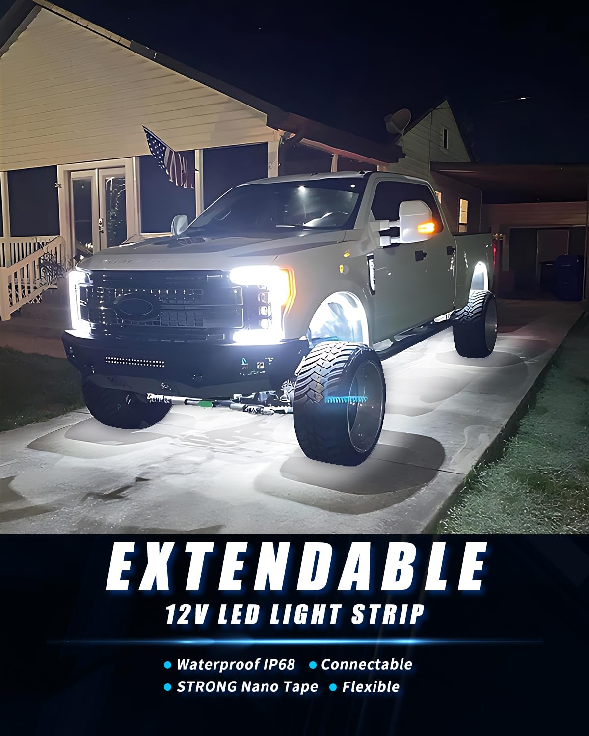 12V Led Light Strip 18" Connectable White LEDs Strip Lights for Car Motorcycle Golf Cart Automotive Trucks Boat Waterproof Led Light Strip, 4Pack