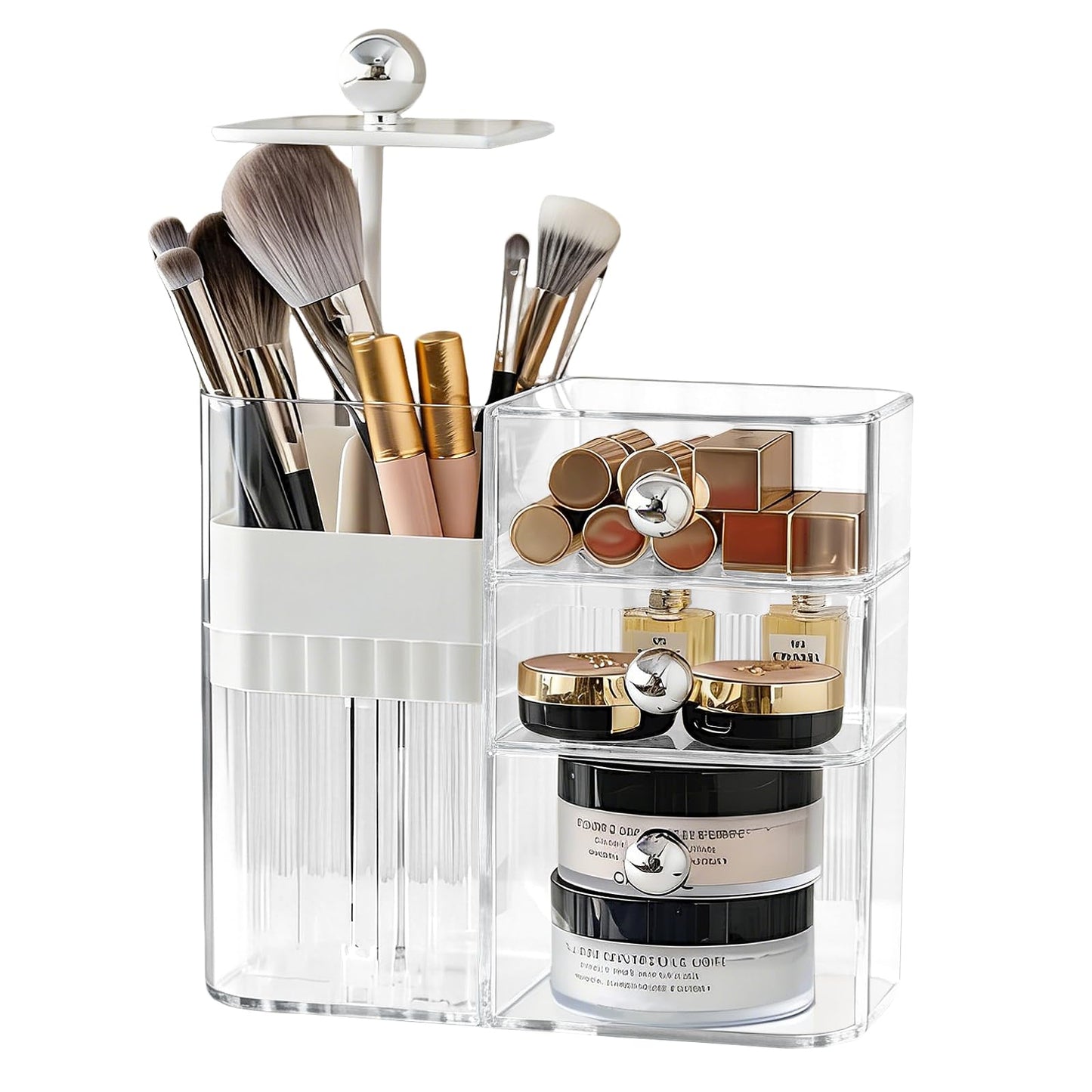 Oskrieel PET Makeup Organizer with Press Pop-Out Compartment & 3 Drawers, Clear Cosmetic Storage Box for Vanity Countertop, Bathroom Small Item Organization