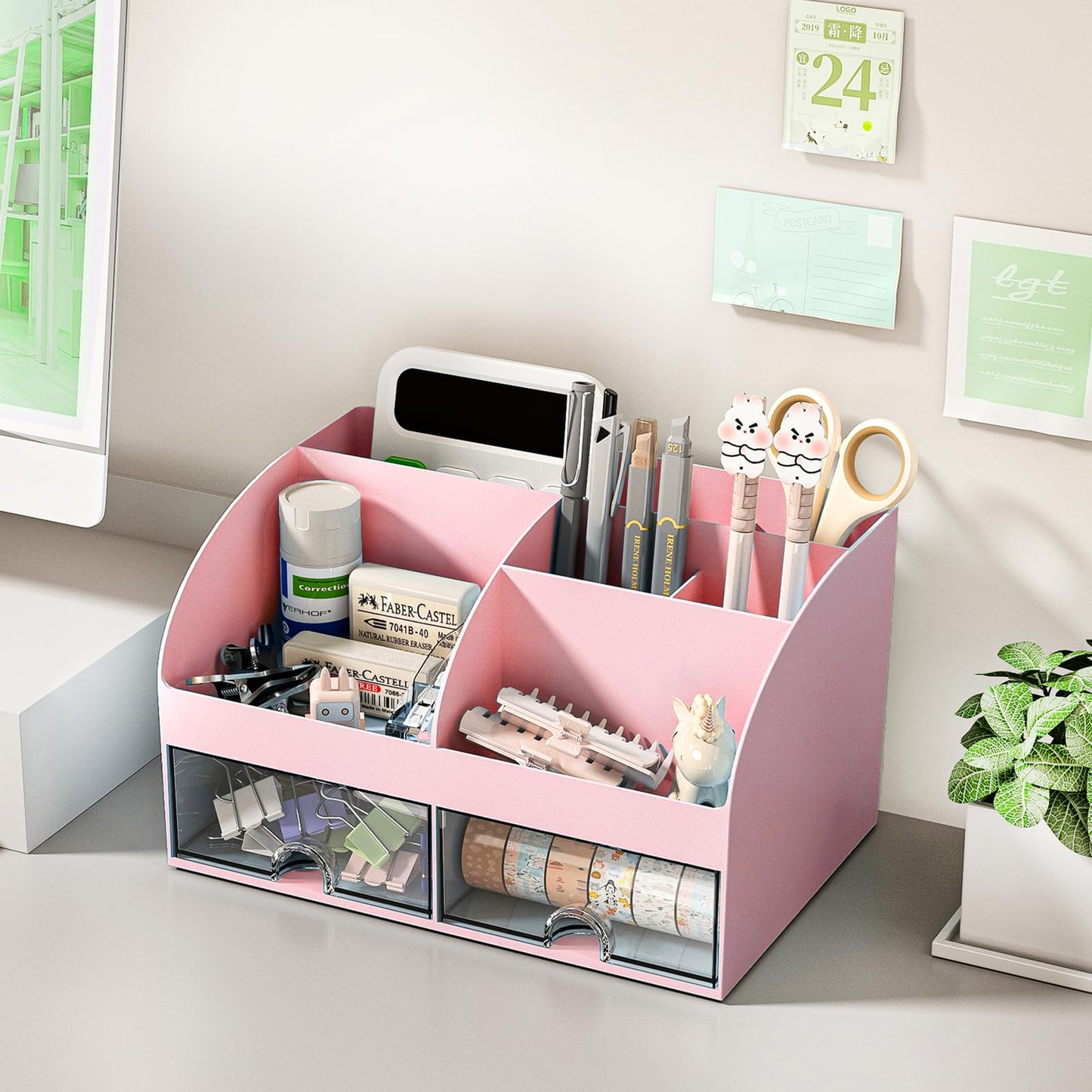 COMFYROOM Desk Organizer with 6 Compartments and 2 Drawers, Plastic Makeup Organizer, Pen Holder for Desktop Storage, Desk Organization for School, Home, Office Supplies (Pink)