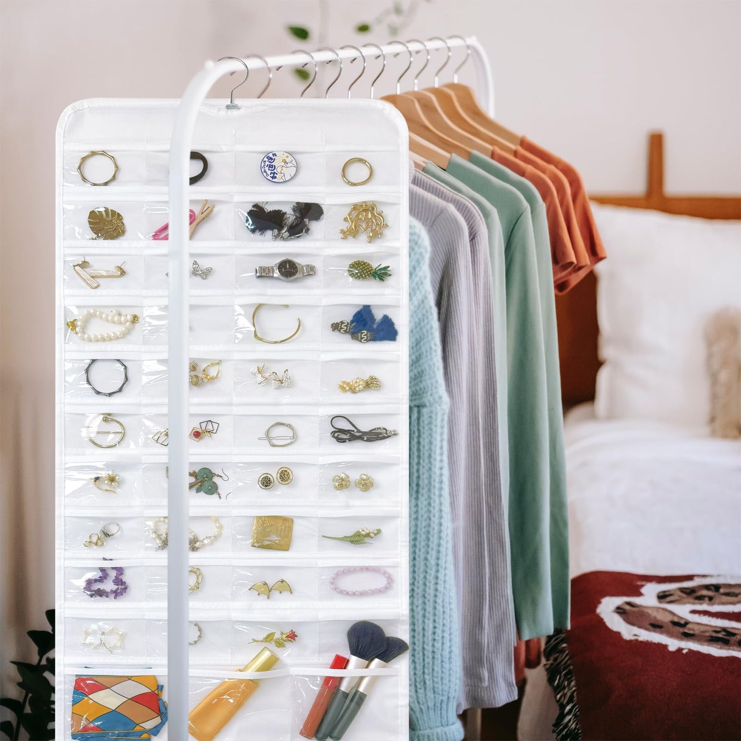 Bloss White Hanging Jewelry Organizer With 90 Pockets for Closet, Earring Holder Organizer Storage, Over The Door Jewelry Organizer, Double-Sided Jewelry Holder for Earrings,Necklaces,Rings