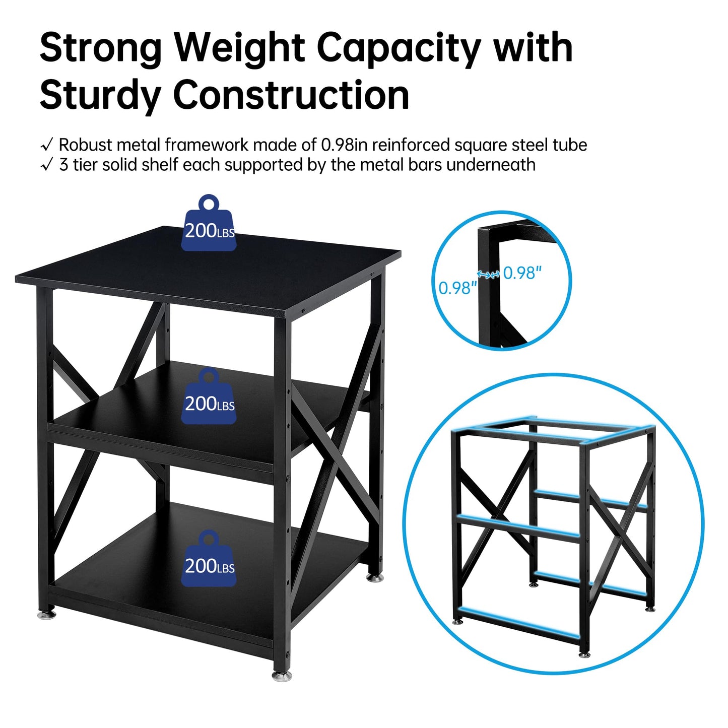 Fannova Printer Stand, 23.6 x 23.6 x 30.1 Inches Large Square Printer Table with Height Adjustable Storage Shelf, 3 Tier Rolling Printer Cart with Industrial Wheels for Home Office - Black