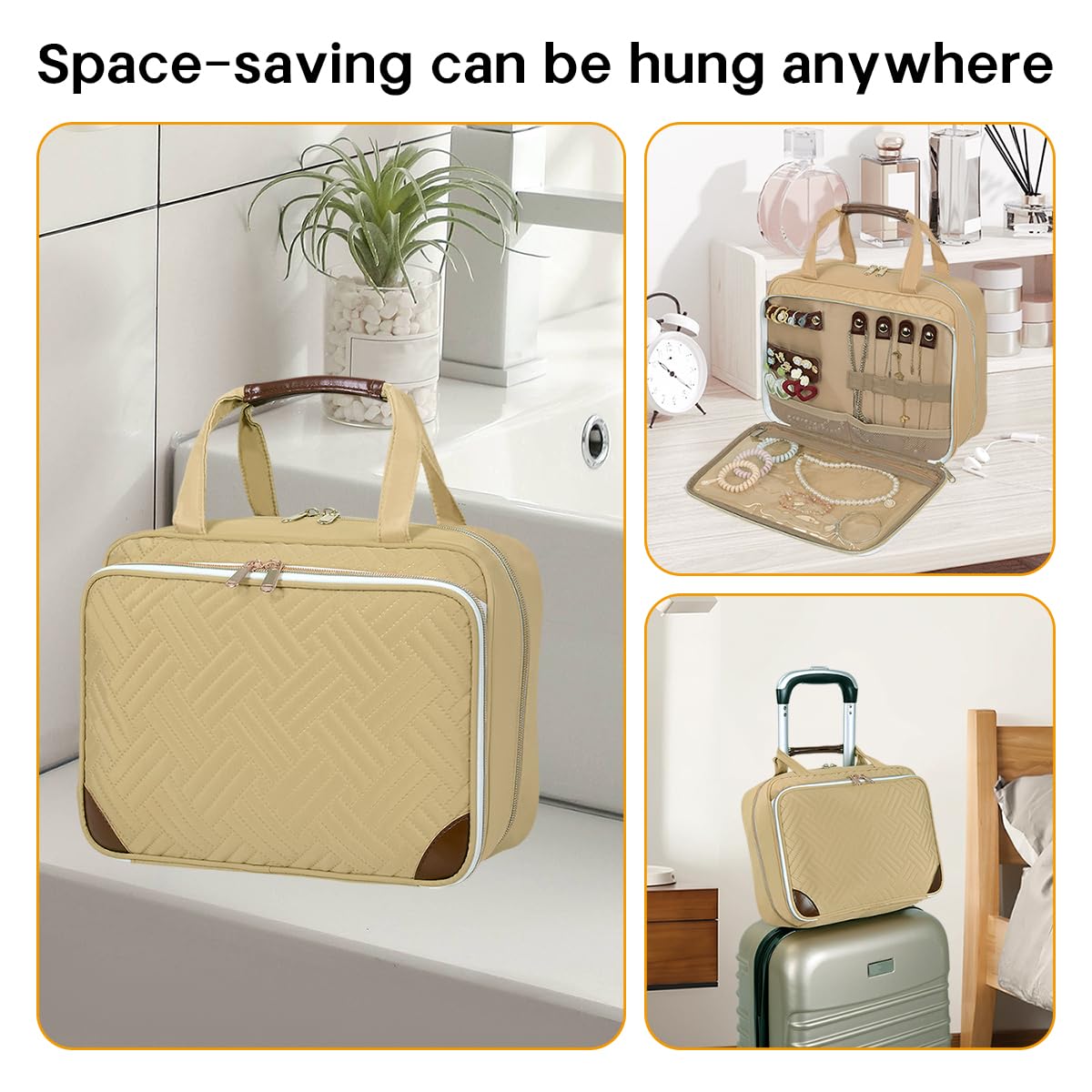 LANDFOBO Toiletry Bag for Women, Hanging Travel Toiletry Bag with Jewelry Organizer Compartment Large Makeup Bag, Cosmetic for Travel Business Trips Camping Bathroom Beige