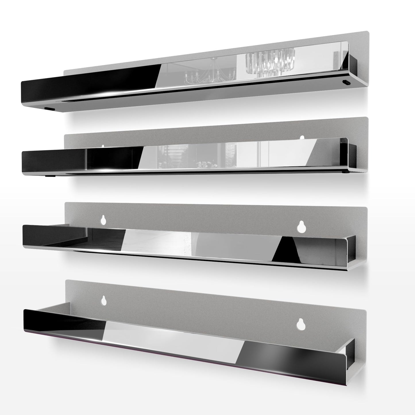 RORKIM 4 Pack 15 Inch Black Reflective Acrylic Shelves, Black Floating Shelves, Modern Sunglasses Essential Oil Picture Ledge Display Toy Storage Shelf