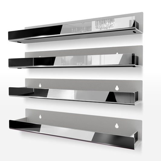 RORKIM 4 Pack 15 Inch Black Reflective Acrylic Shelves, Black Floating Shelves, Modern Sunglasses Essential Oil Picture Ledge Display Toy Storage Shelf