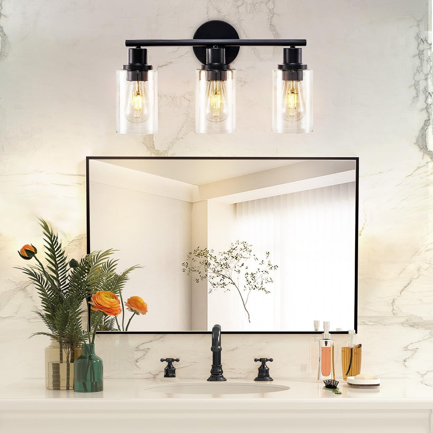 DLLT 3-Light Bathroom Light Fixtures: 18.51" Black Modern Vanity Lights with Clear Glass Shade - Bathroom Wall Lamp for Mirror Kitchen Living Room Hallway Cabinet Porch