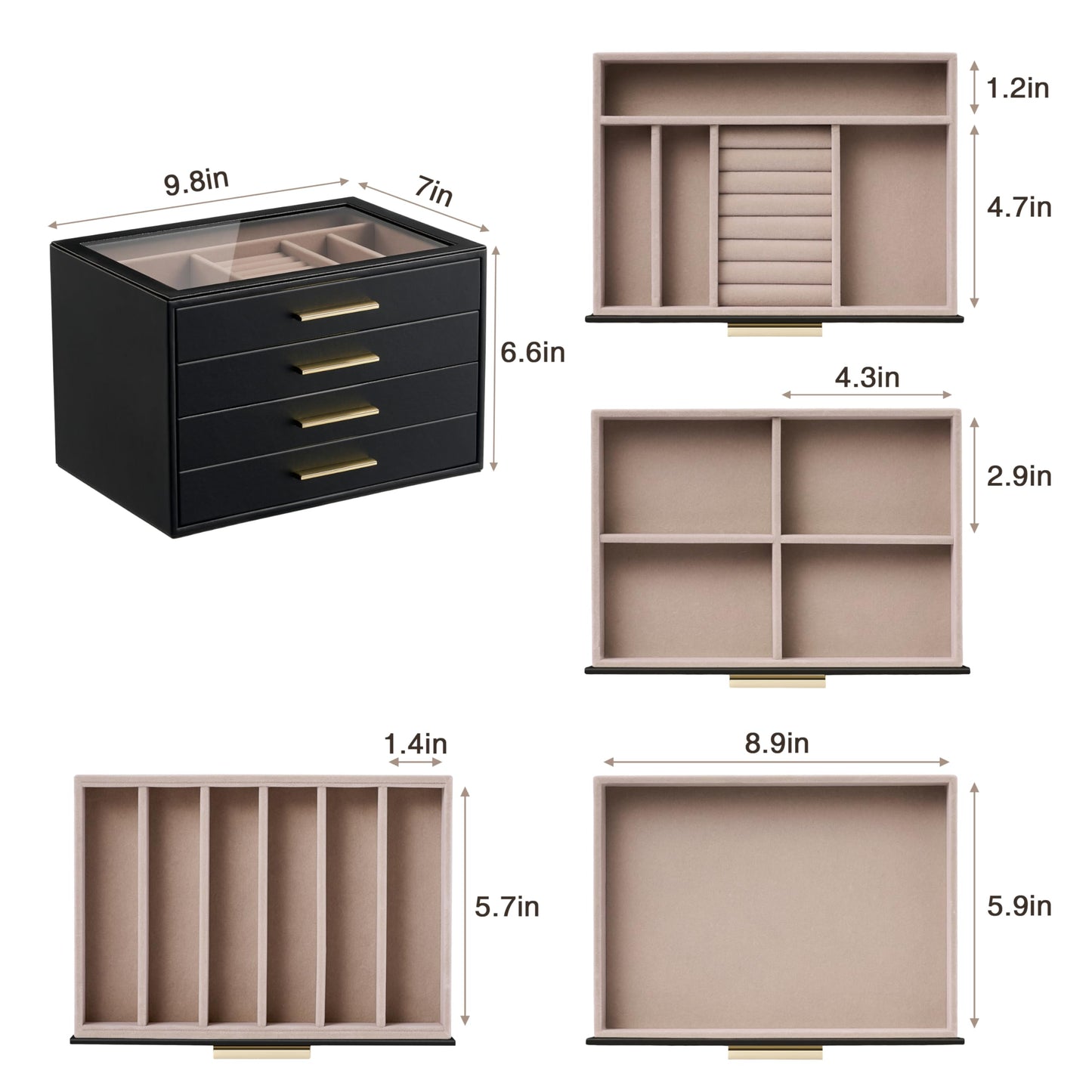 pickpiff Jewelry Box Organizer Case for Women: 4-Layer Jewelry Storage Case with Glass Window, Black Leather with Blush Velvet, Holder for Ring Necklace Bracelet Brooch Watch, Great Gift for Her
