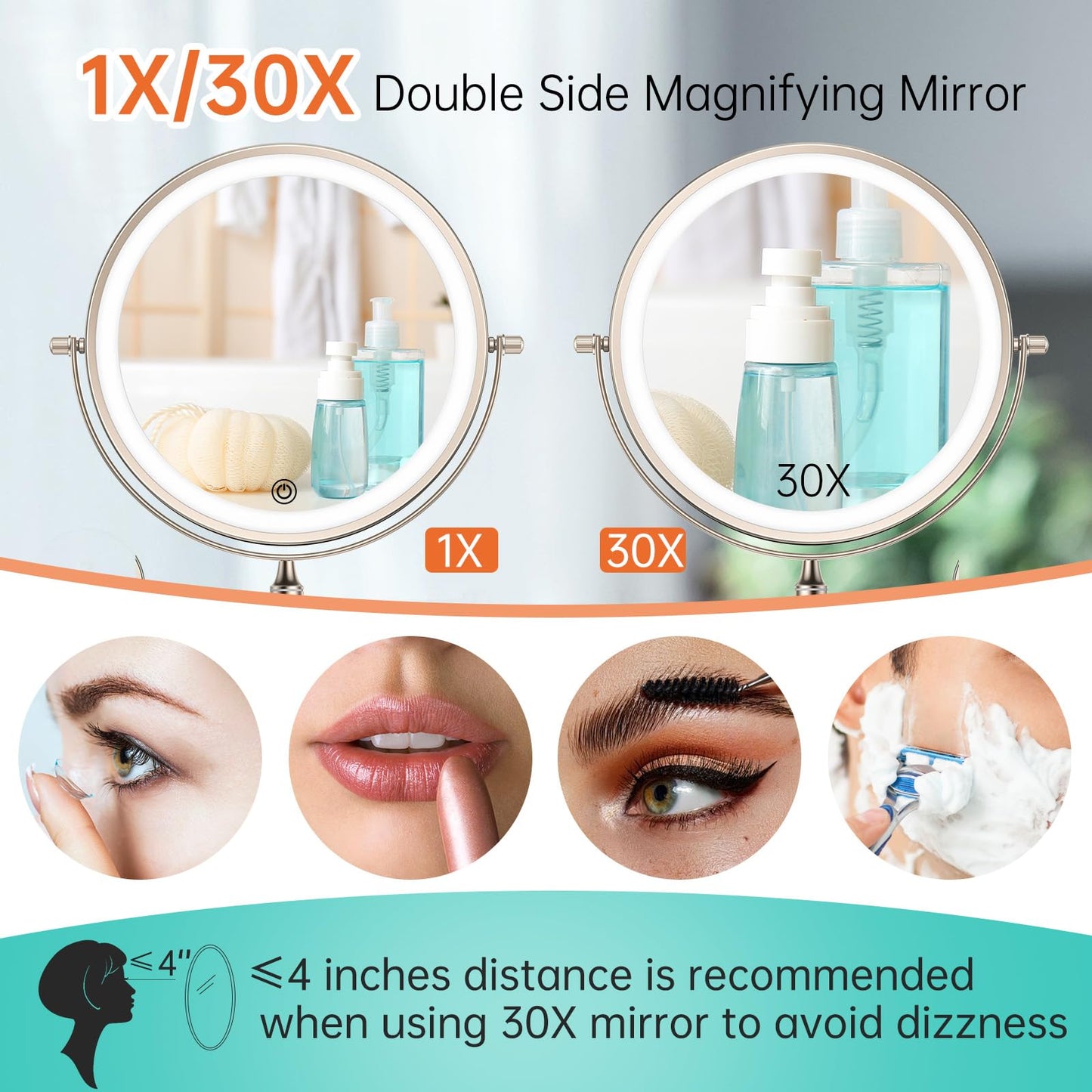 5000mAh Rechargeable Wall Mounted Lighted Makeup Vanity Mirror, Double Sided 1X 30X Magnifying Bathroom Mirror, 3 Color Lighting, Touch Screen Dimming, Extended Arm 360 Rotation Shaving Mirror