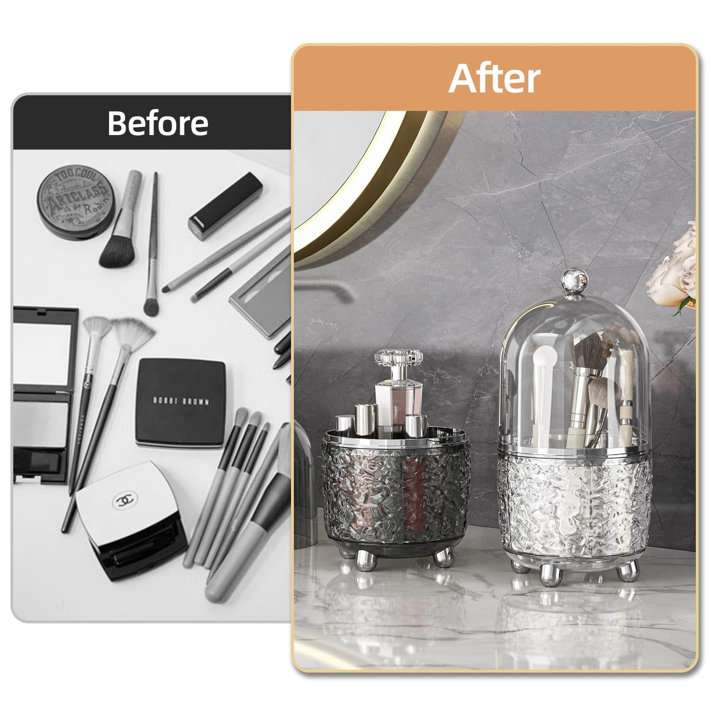 Makeup Brush Holder with Lid, 360° Rotating Makeup Brush Holder for Vanity, Dustproof Spinning Makeup Brush Organizer with Lid for Bathroom Countertop, Cosmetic Tools Organizer with Cover (Clear)