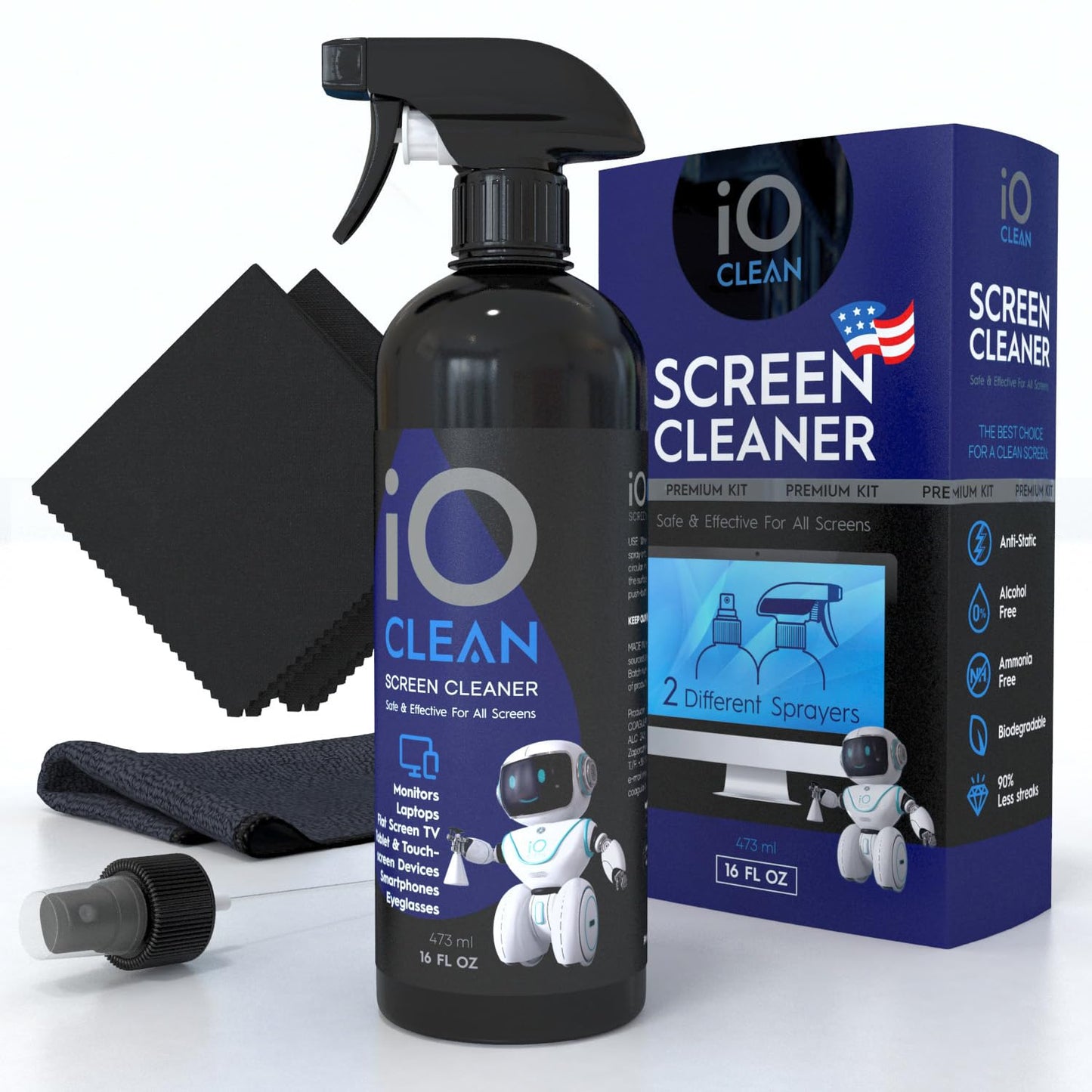 Screen Cleaner Spray (16oz - 473ml) – Best Large Cleaning Kit for LCD LED OLED TV, Smartphone, iPad, Laptop, Touchscreen, Computer Monitor, Electronic Devices, 3 Microfiber Cloths and 2 Nozzles