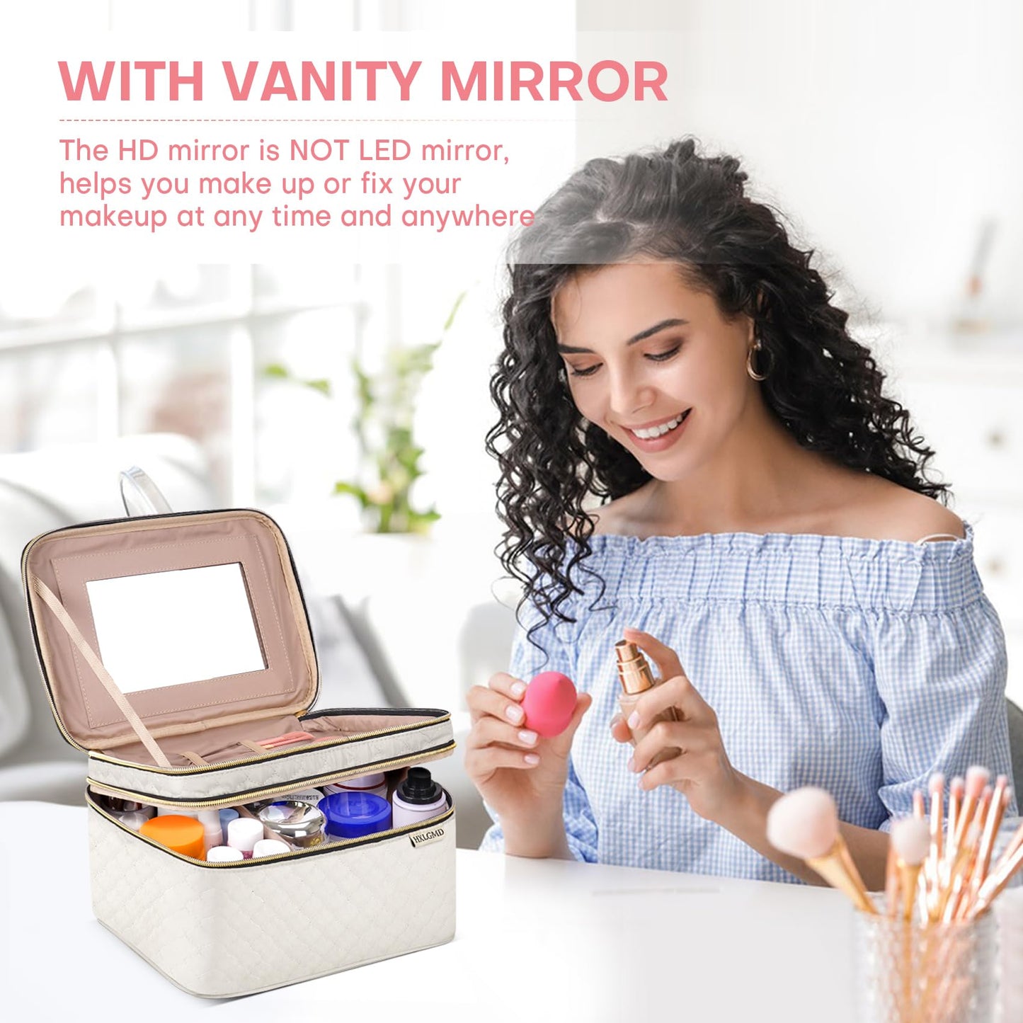 HXLGMD Large Makeup Bag with Mirror Double Layer Travel Make Up Organizer Case, Large Capacity Coemetic with Brush Slot Divider, Travel Toiletry Bag for Women - White/Beige