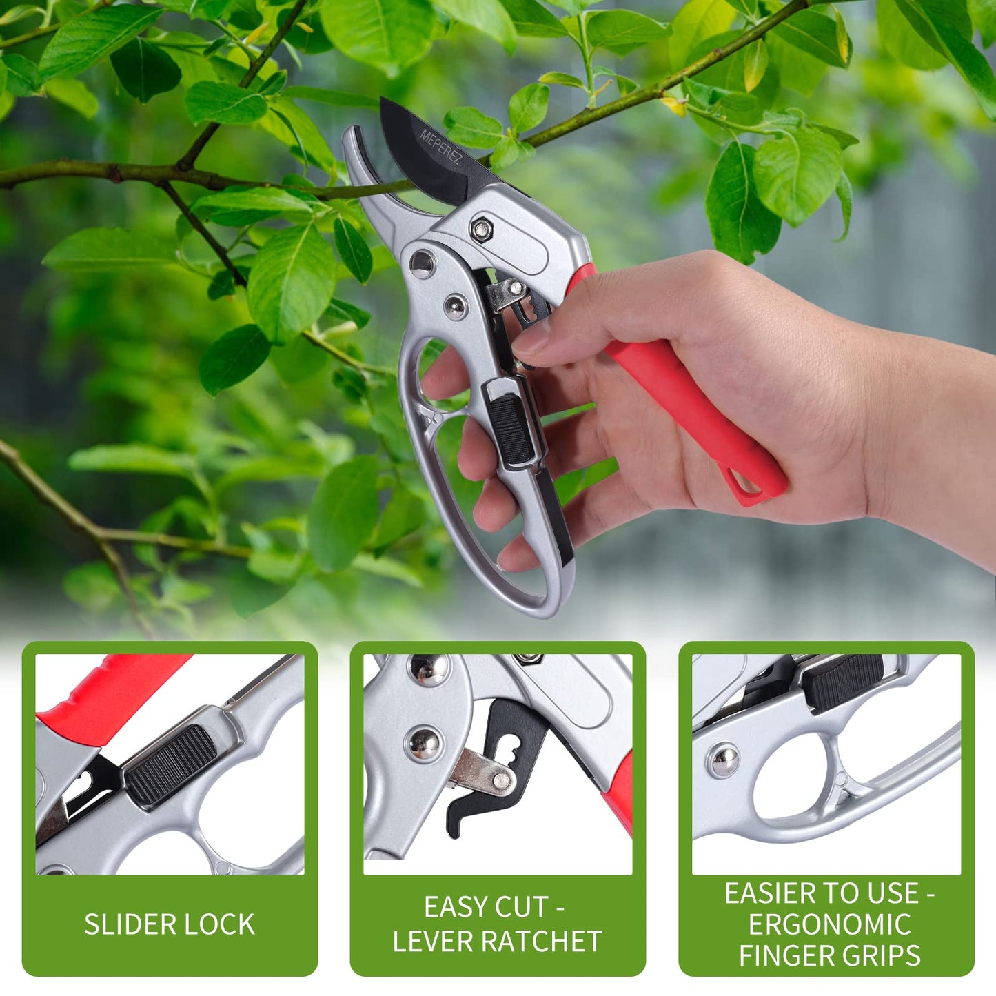 MEPEREZ Premium pruning shears for gardening, Work 3 times easier, Pruners heady duty, Sharp garden clippers cuting florist flower, hedge, herb, rose, Indoor live plants, Arthritis weak hand snips