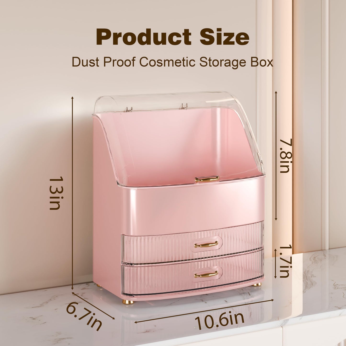 Plukers Makeup Organizer Countertop Vanity with Transparent Lid Drawers Waterproof Dustproof Cosmetic Skincare Bathroom Storage Gift for Women Teens Girls (Pink)