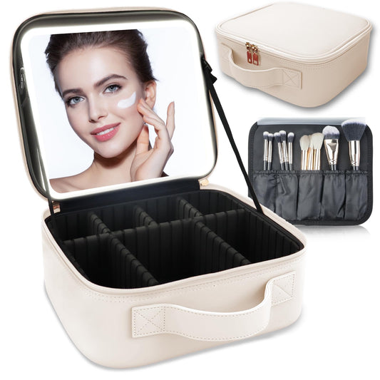 SUILU Makeup Bag with Led Mirror,with 3 Color Setting,Portable Storage and Adjustable Dividers Travel Makeup Bag, for Women and Makeup Artists Large Vanity Makeup Cases-White