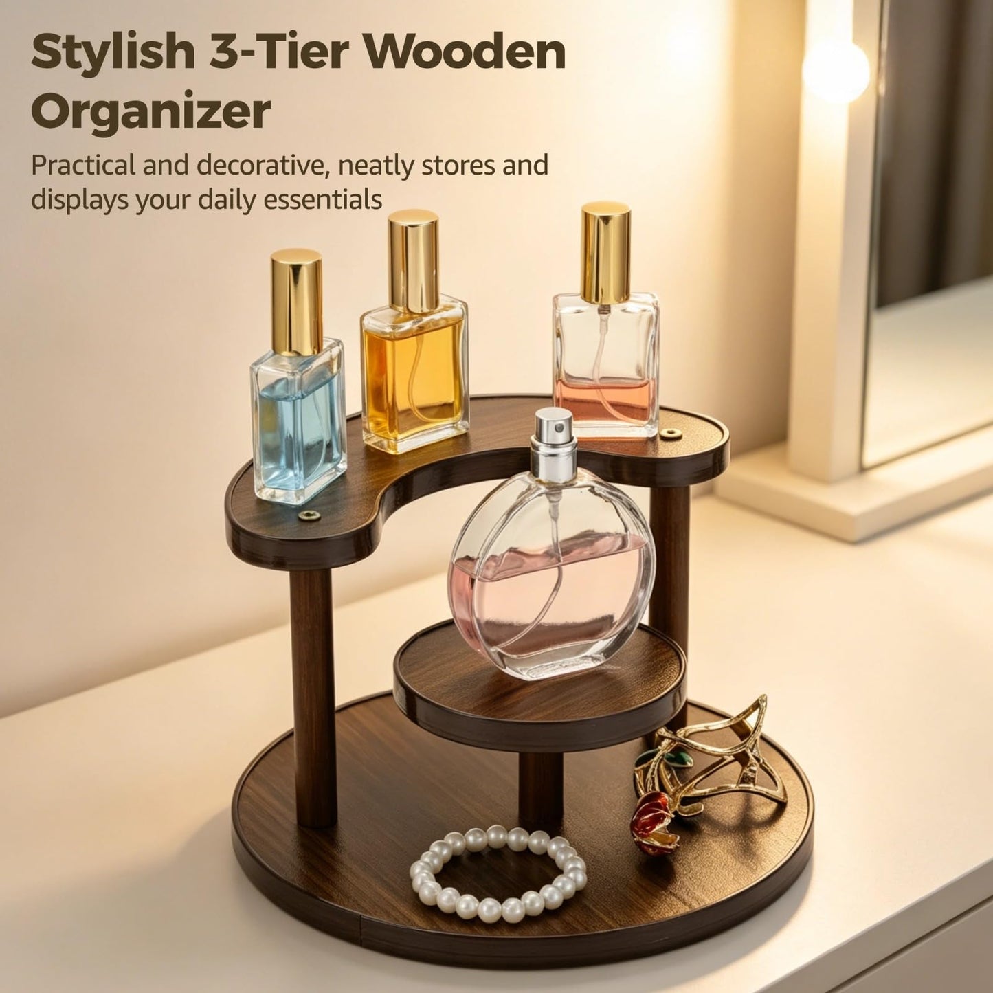 3 Tier Perfume Organizer Stand, Wooden Makeup Organizer Shelf for Vanity, Desktop Display Stand for Fragrance Cologne Storage, Compact Tiered Display Rack for Dresser Countertop, Dark Brown Finish