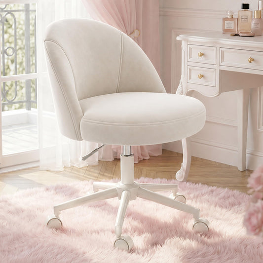 EnHomee Velvet Vanity Chair with Wheels – Armless Swivel Desk Chair, Height Adjustable, Curved Lumbar Back Support, Rolling Task Chair for Makeup Vanity, Home Office & Young Teen Bedroom, Cream White