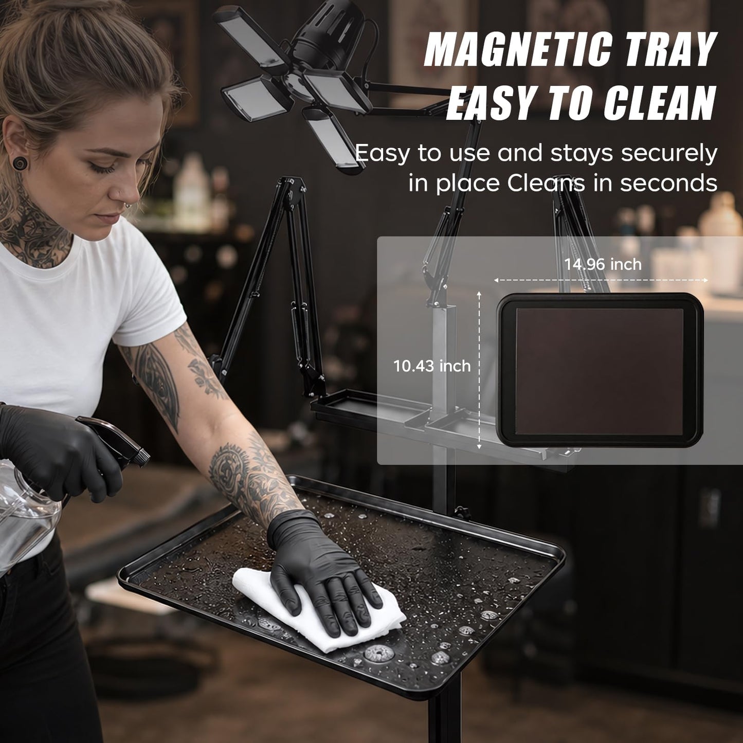 Tattoo Workstation Cart with Wheels, Rolling Tattoo Tray Station with Ultra Bright 4-Leaf LED Light, Dual Adjustable Phone & Tablet Holders, Mobile Tattoo Equipment Stand for Tattoo Artists & Studios