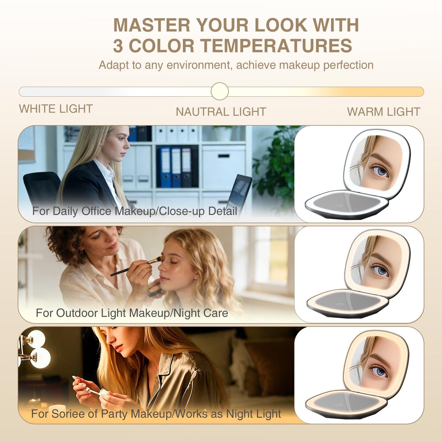 Poryled Travel Makeup Mirror with Light, 10X/1X Magnifying Compact Mirror for Purse, Portable Double Sided Folding Pocket Size, Dimmable LED & USB Rechargeable(Black)