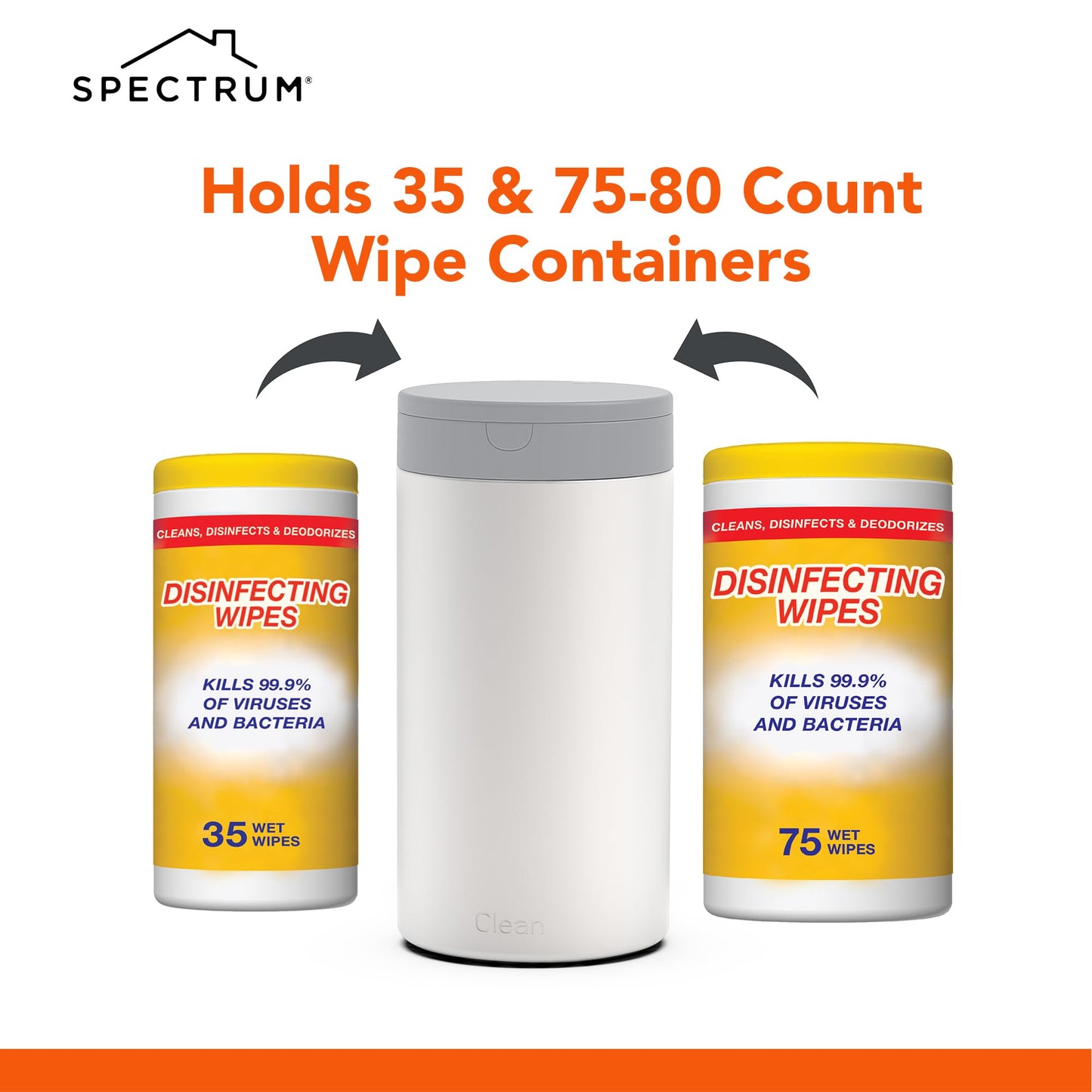 Spectrum Disinfecting Wipes Container Large White Refillable Stainless Steel Wipe Holder for Bathroom Kitchen, Classroom, Reusable Push Button Wet Wipe Dispenser for Disinfect Cleaning Countertop