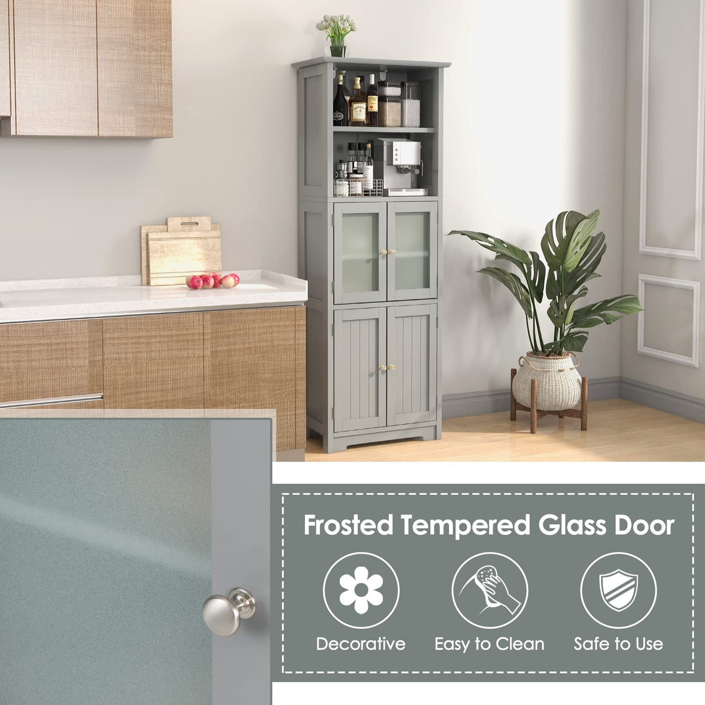 Tangkula Tall Bathroom Storage Cabinet, Freestanding Floor Cabinet w/2 Glass Doors & 2 Open Shelves, 3-Position Adjustable Shelves, Anti-toppling Design, 64” Tall Pantry Cupboard for Kitchen