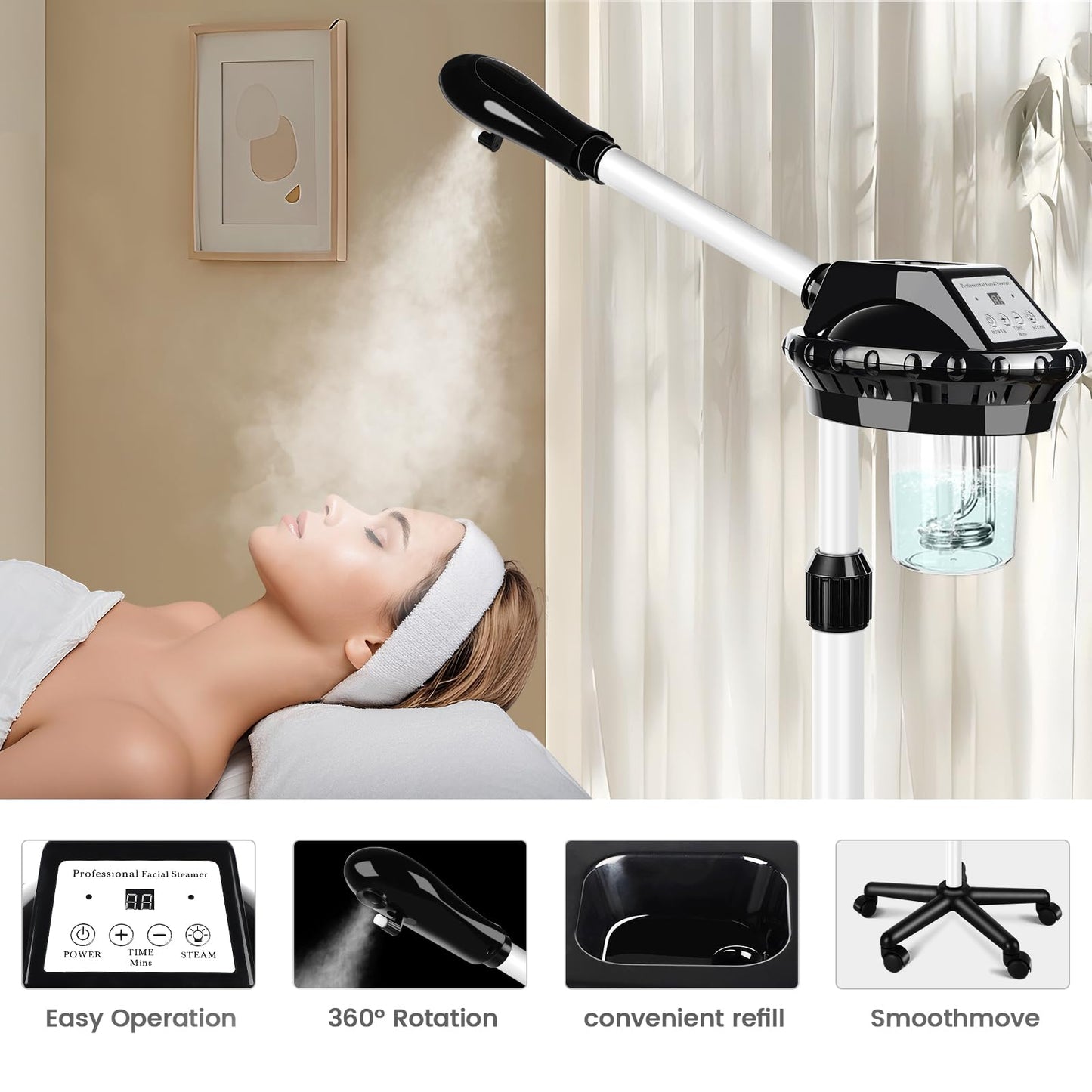 Professional Facial Steamer, Face Steamer on Wheels, SPA Ozone Nano Steamer for Facials