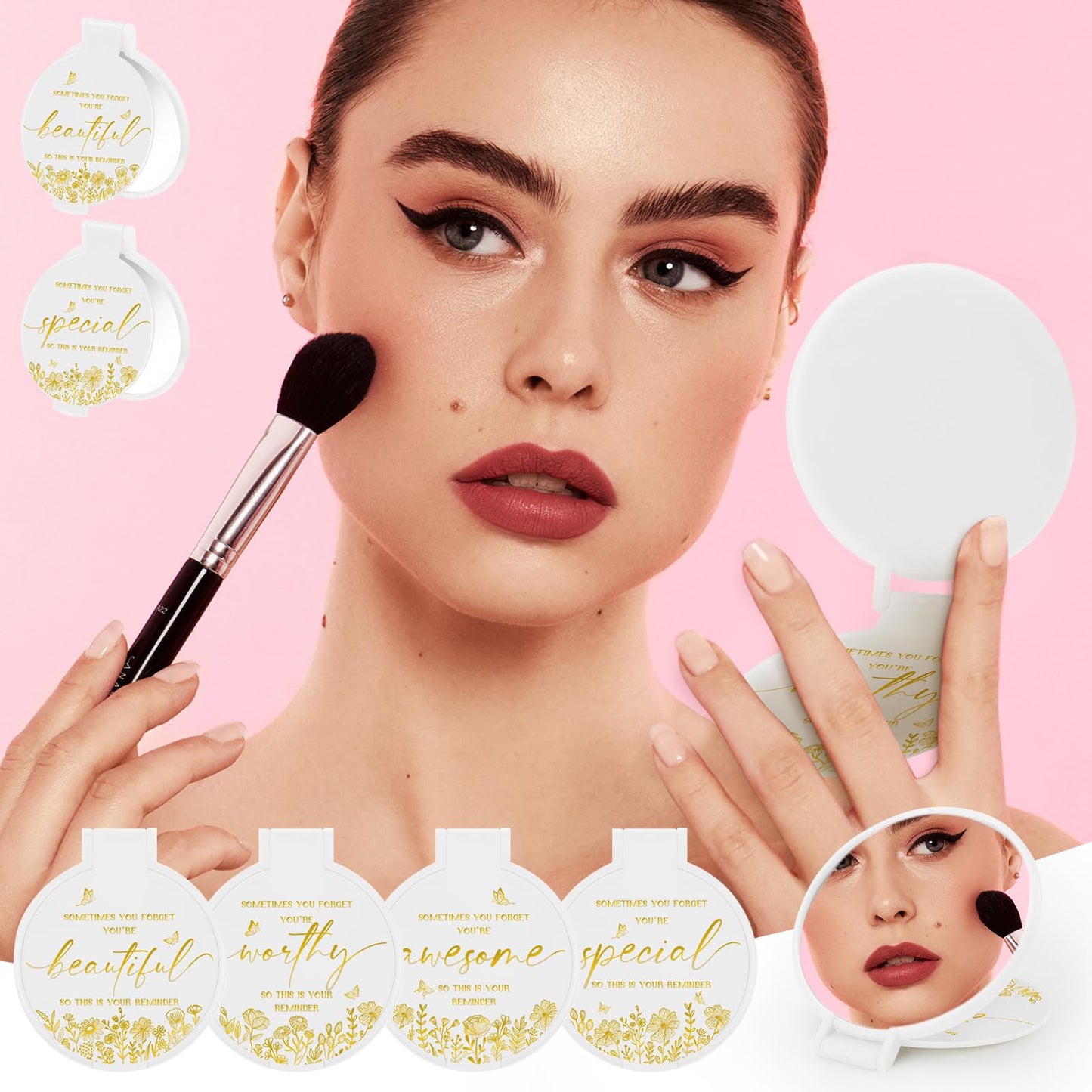 HSDSH 100 Pcs Inspirational Compact Mirror Bulk Small Pocket Mirror Purse Round Portable Folding Makeup Mirror Thanksgiving for Women Coworker Employee Teacher(White)