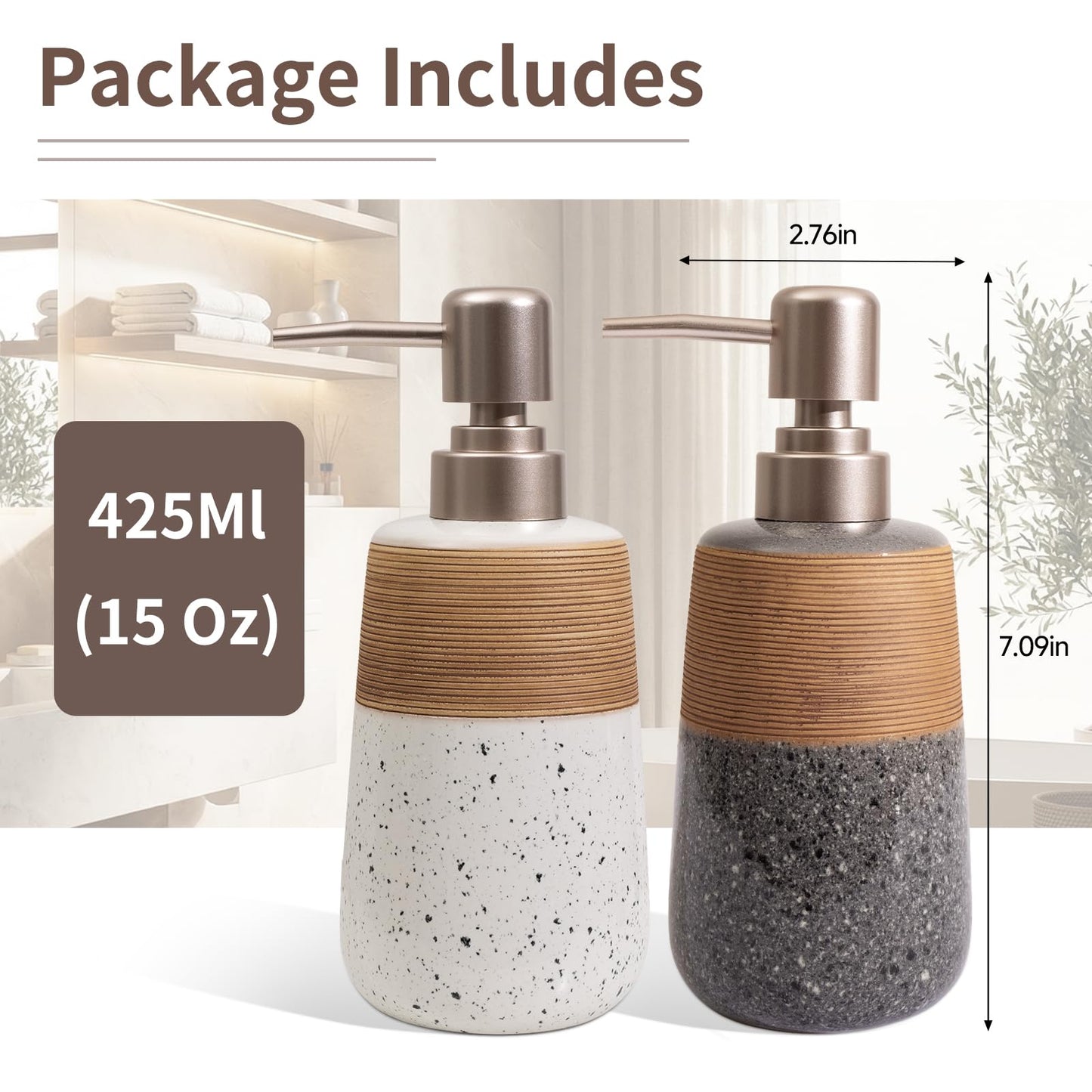 Ceramic Hand Soap Dispenser, 15 Oz Liquid Soap Dispenser for Bathroom Countertop Dish Soap Dispenser for Kitchen Sink, Bathroom Lotion Bottle Dispensers Farmhouse Kitchen Decor, White