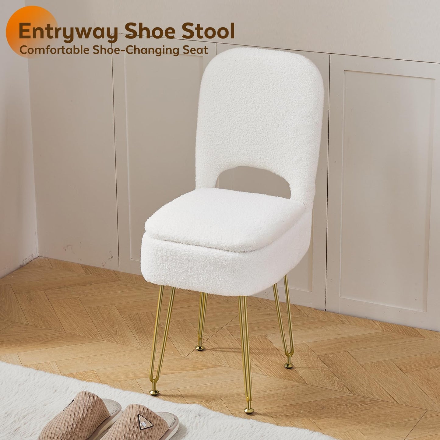 BRIAN & DANY Vanity Chair with Storage and Folding Back, Teddy Velvet Square Storage Chair, Vanity Stool Chair with 4 Metal Legs for Bedroom, Living Room and Makeup Stations, 13.4"x 15"x 30", White