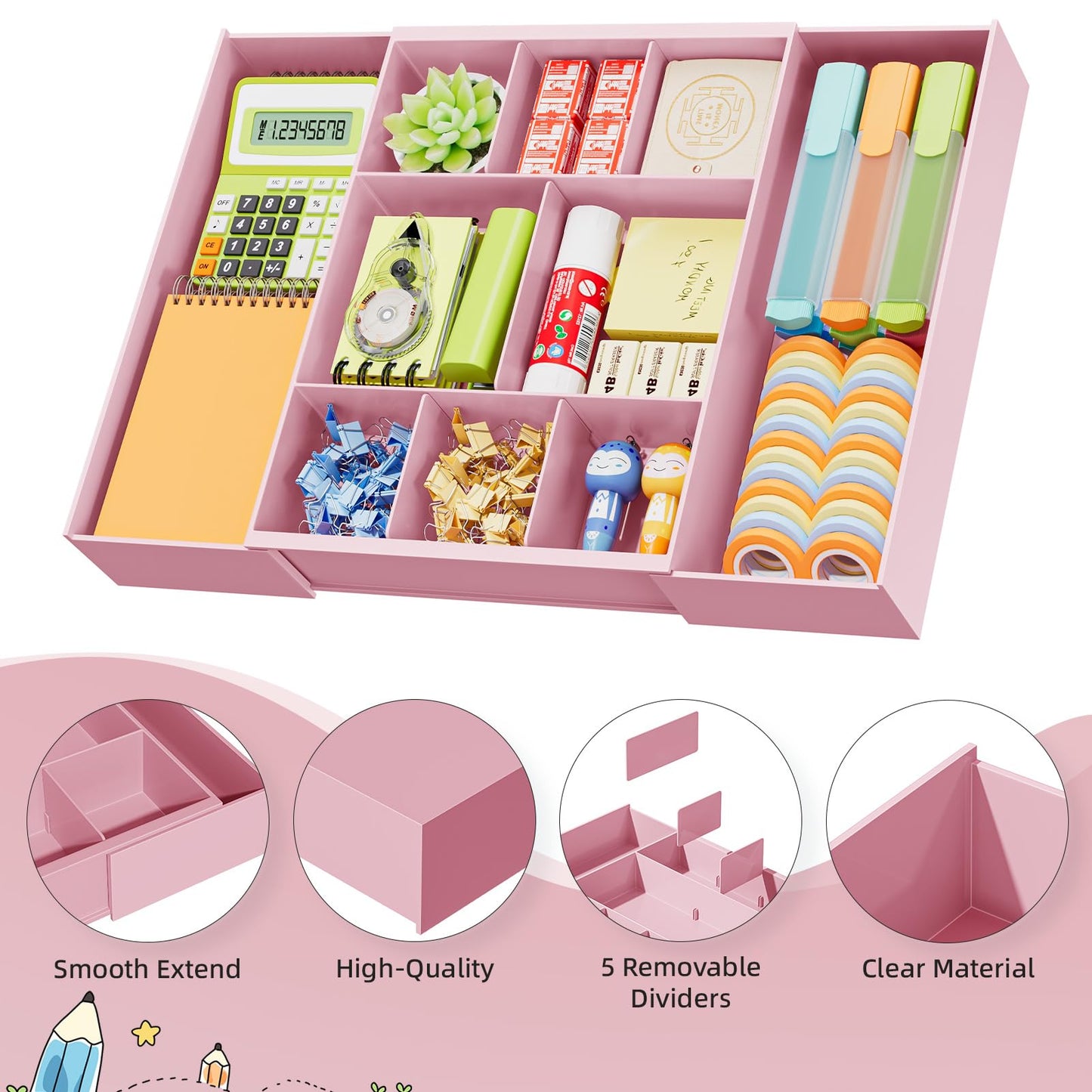 Marbrasse Expandable Desk Drawer Organizer, Clear Plastic Drawer Organizer Tray with 10 Adjustable Compartments, Desk Organizers and Accessories, 5 Drawer Dividers for Office Supplies, Makeup (Pink)