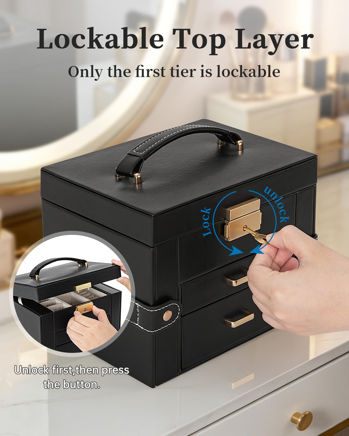 TORIBIO Jewelry Box for Women, Leather Jewelry Organizer with Mirror & Lock, 3-Tier Jewelry Storage Organizer with 2 Drawers for Girls/Women/Mothers, Necklace Earring Bracelets Holder Organizer